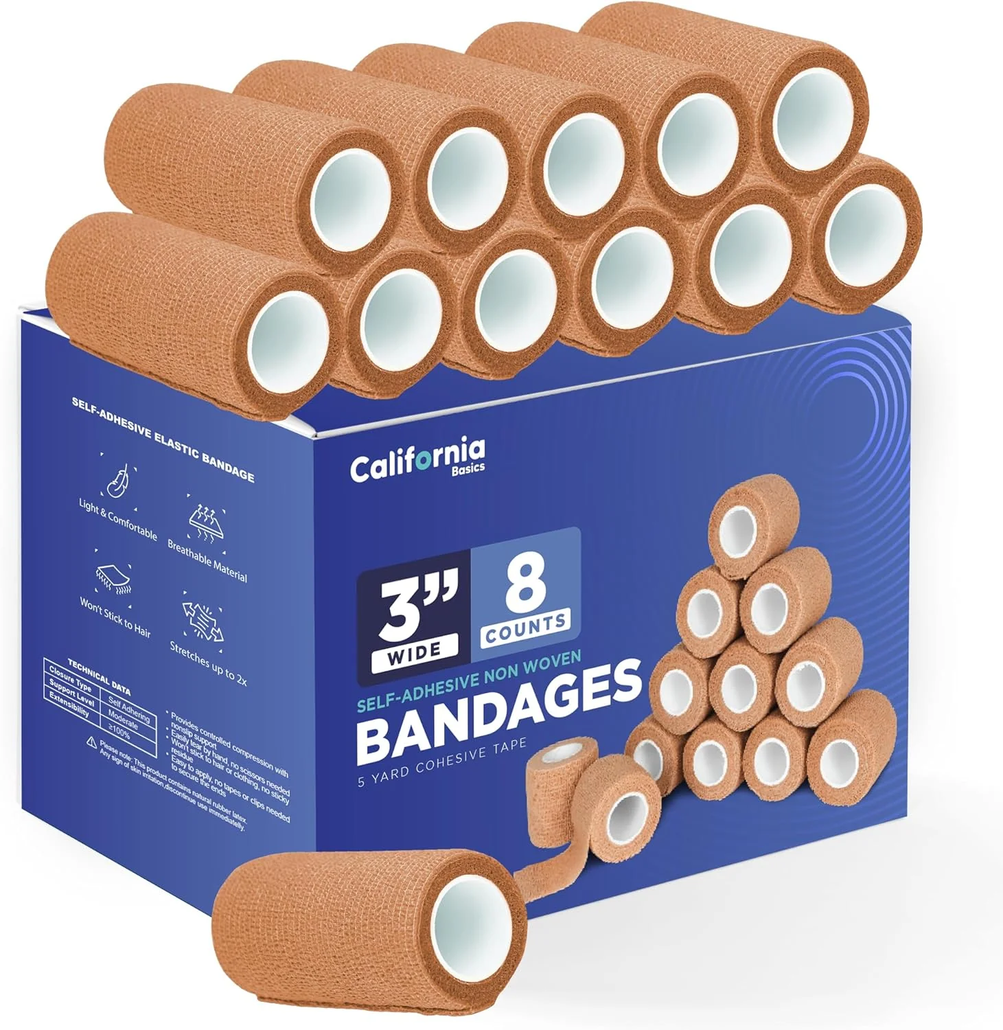 Efficient California Basics - 8 Pack - Self Adhesive Bandage Wraps - 3 Inch by 5 Yards Non Woven Self Adhesive Bandage Wrap Brown Athletic Tape for Wrist Hand Ankle Wrap Premium-Grade Medical Bandage Tape Fashionable