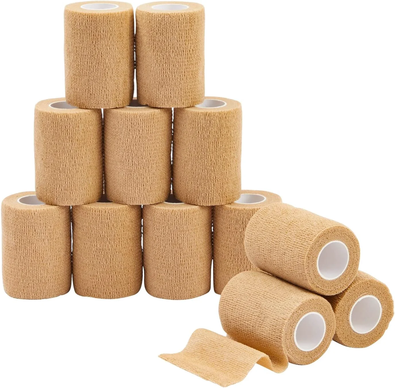 Quality 12-Rolls Self Adherent Bandage Wrap Vet Tape - 3 in x 5 Yds Breathable Elastic Cohesive Wrap Tape for Wrist Swelling Sports Tattoo Tan Premium Material