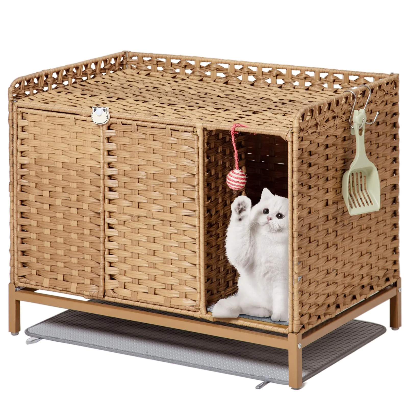 Comfortable SETON Cat Litter Box Enclosure — Handwoven Rattan Hideaway 31.2 x 19.6 x 24.2 in Natural Verified