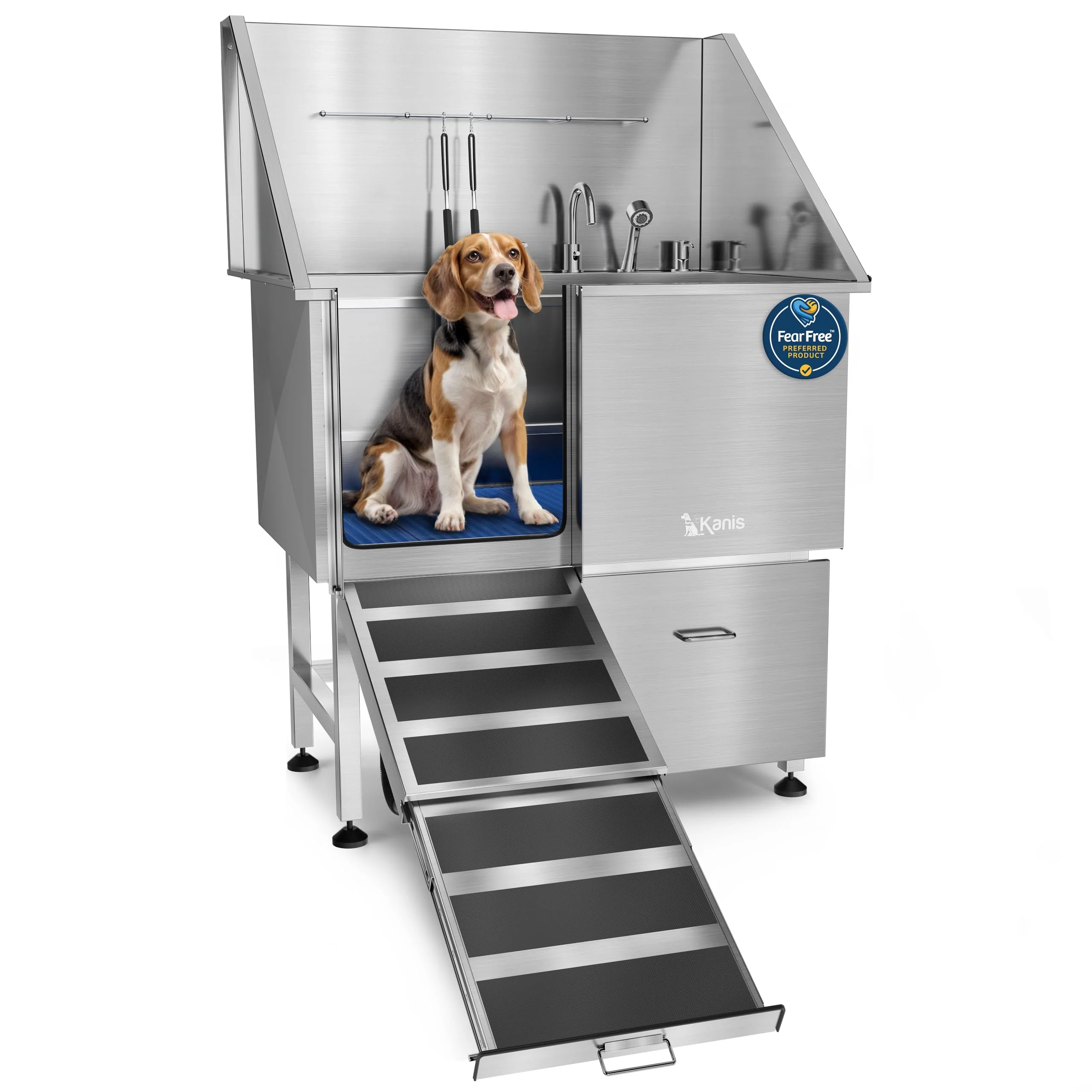 Elite KANIS Professional Dog Washing Station - 304 Stainless Steel Grooming Sink with Left Ramp 40-inch 1 Drawer Organic