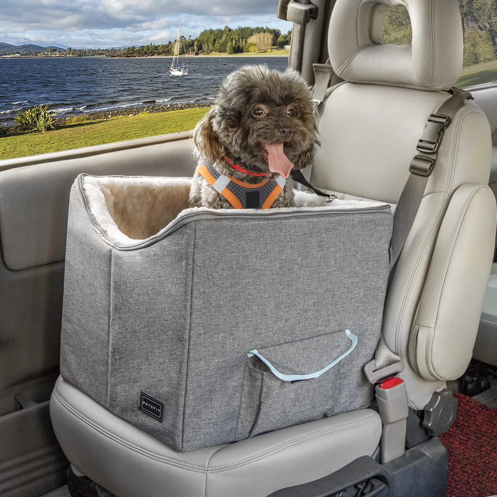 Original Petsfit Small Dog Car Seat – Travel Booster with Safety Belt Washable Double-Sided Cushion Storage Pocket Fashionable
