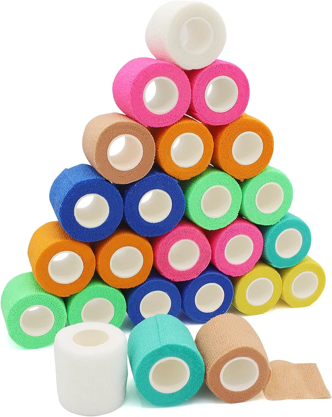 Soft California Basics Self Adhesive Bandage Wrap 2 Inch by 5 Yards Non Woven Cohesive Bandage Rolls 24 Pack Vet Stretch Wrap Multi Colored Neon Medical Athletic Tape for Wrist Waterproof Premium Material
