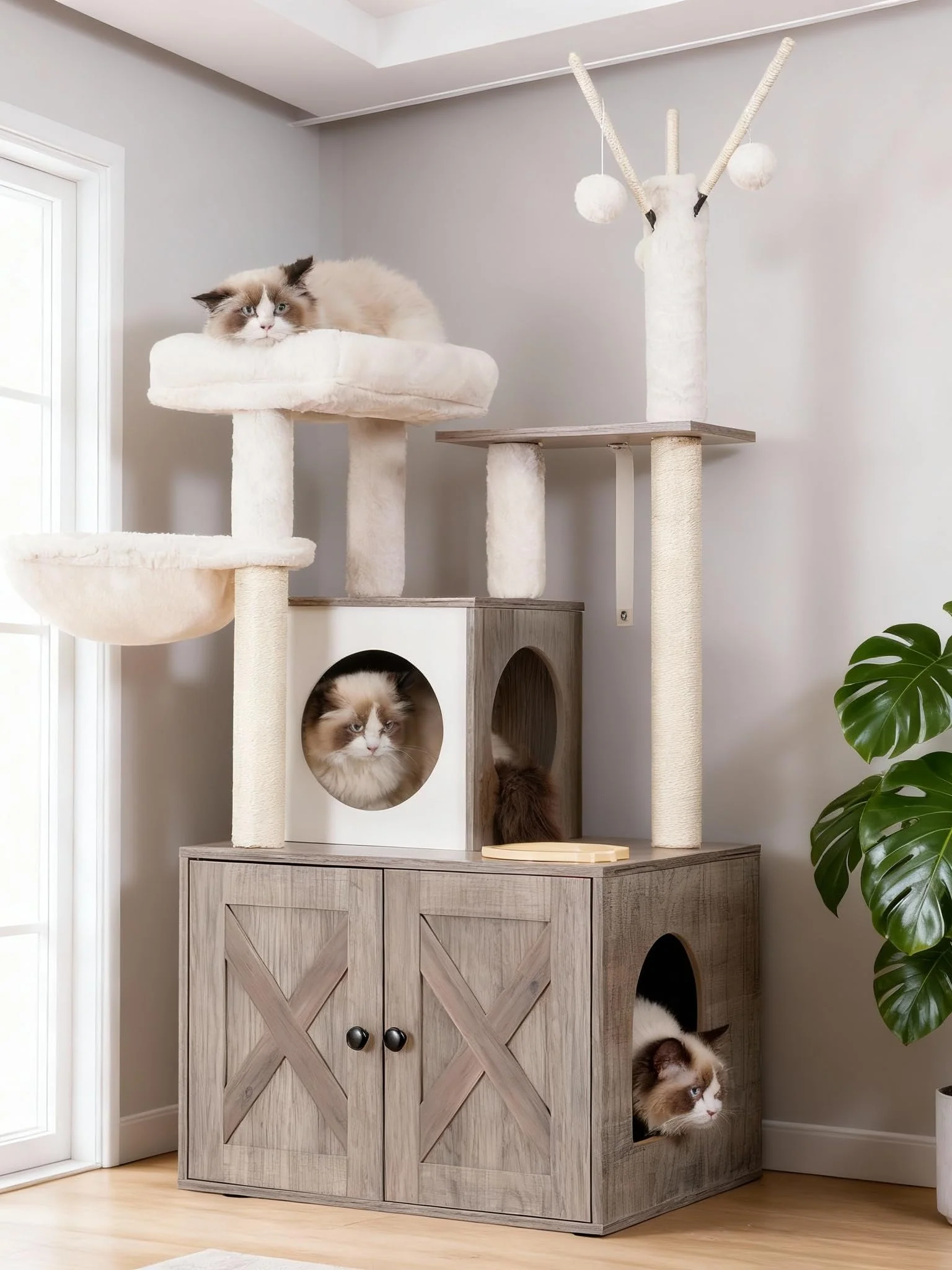 Exclusive Heybly Cat Tree with Litter Box Enclosure Food Station – All-in-One Indoor Cat Furniture Rustic Brown HCT102SG Superior