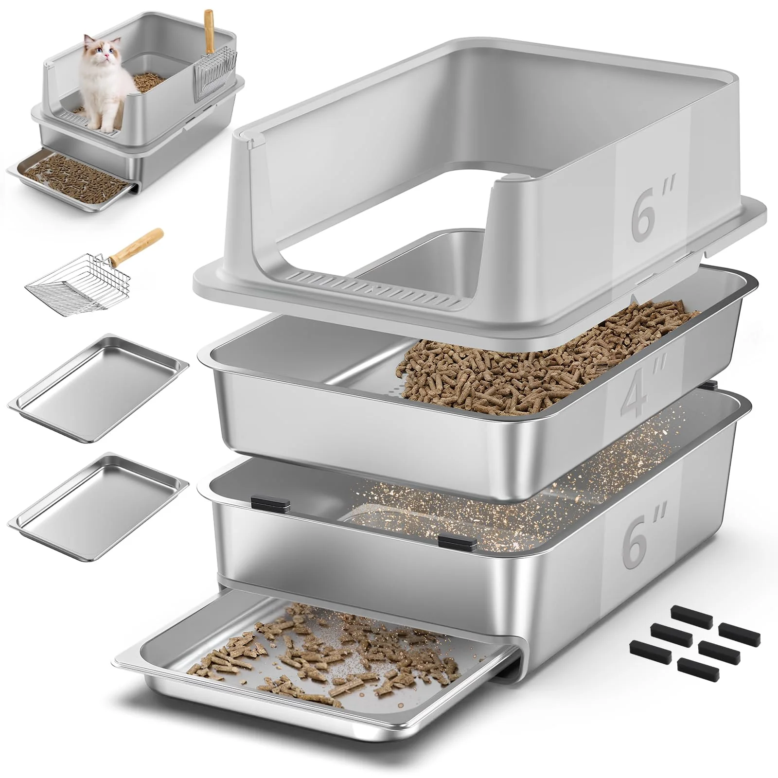Comfortable EODO 23.6x16x12 Sifting Litter Box with 2 Drawers – Stainless Steel Odor Control XL Cat Litter Tray Optimized
