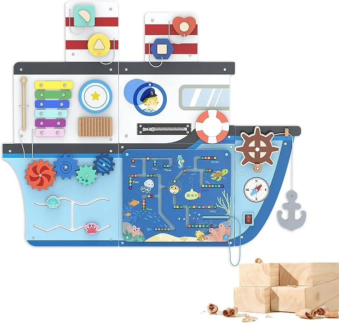 Practical BlueWood Wooden Wall Busy Board Panels Toddler Learning Activity Center World-Class