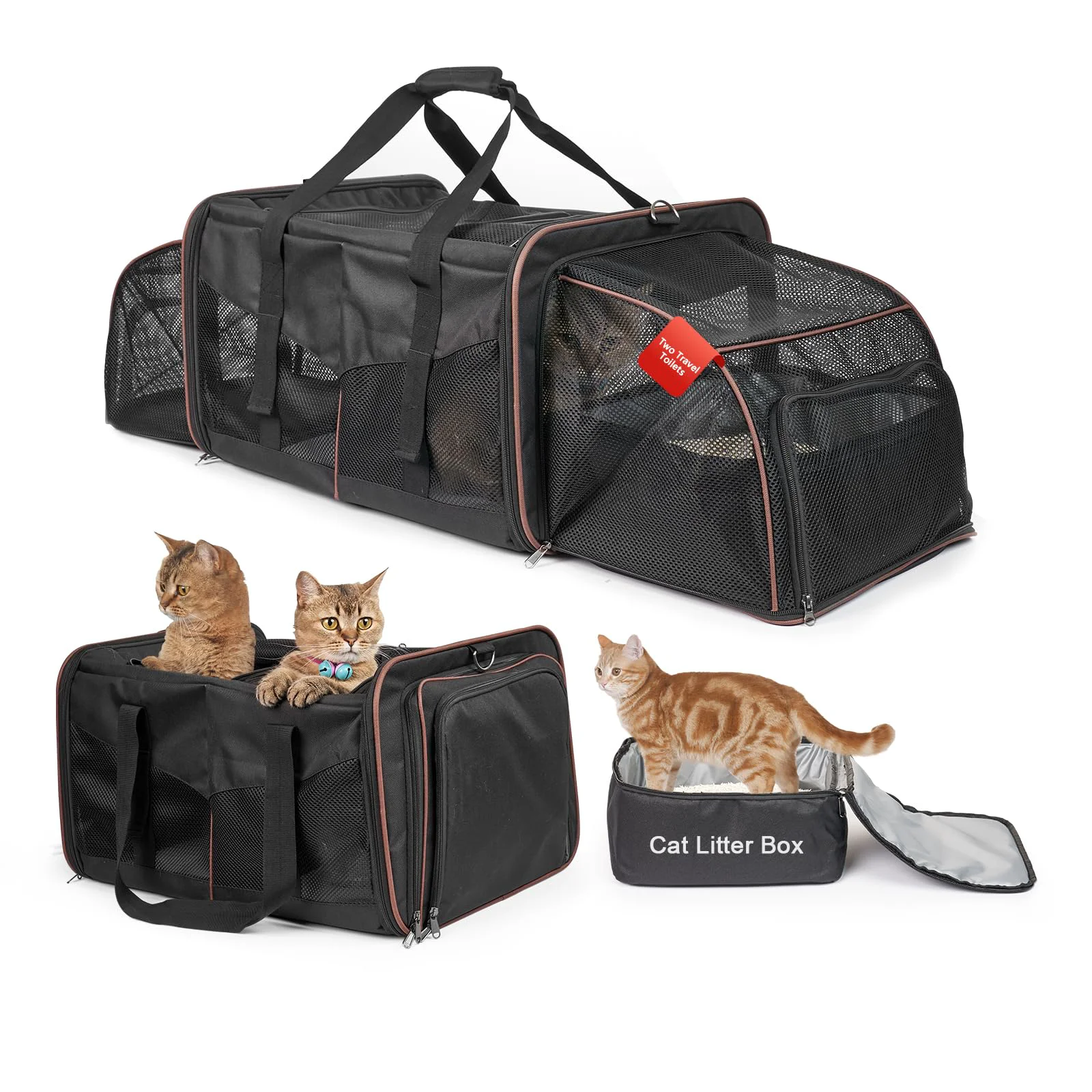 Smart LitaiL Cat Travel Carrier with Litter Boxes for 2 Cats Expandable Double-Compartment Soft Carrier Fast