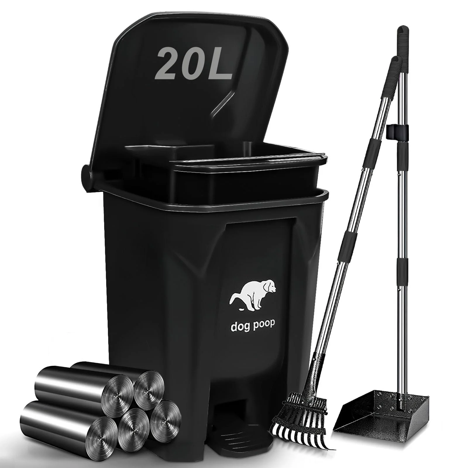 Pure Uppcasir Dog Poop Trash Can Outdoor 20L with Pedal Lid Rake Scooper 100 Bags Included Secure