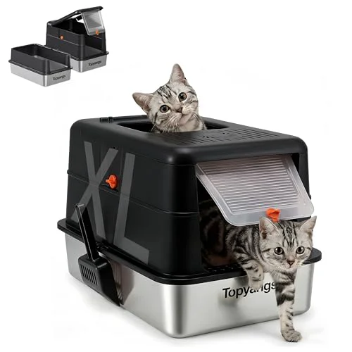 Contemporary ‌Topyangs Stainless Steel Litter Box with Lid 135° Flip-Top Enclosed Cat Litter Box Odor-Control Metal Breeze System Covered High Sides Anti-Spill Cat Lover Gift Black Fine Crafted
