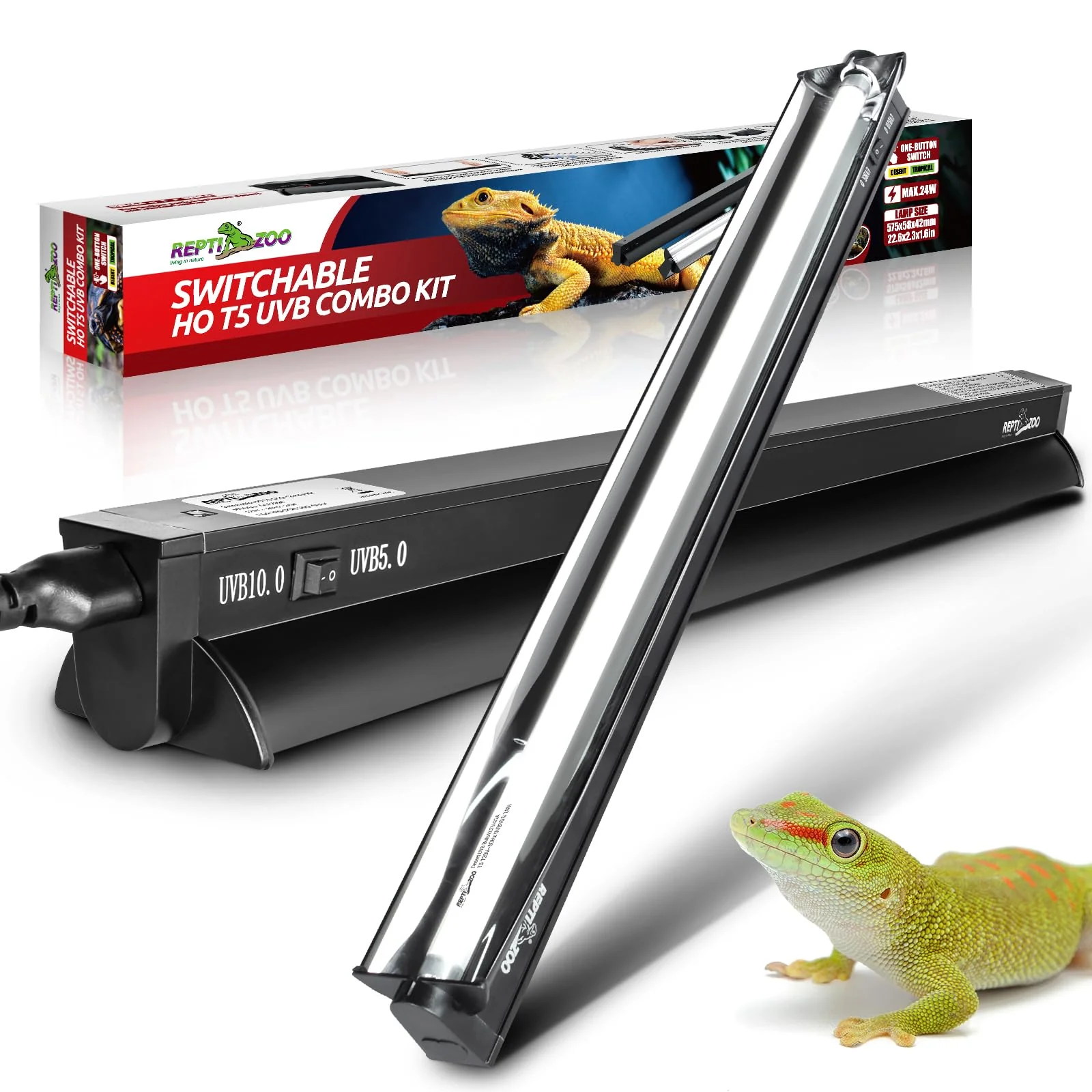 Proven REPTI ZOO Switchable UVB Light 24W T5 UVB Kit for Desert Tropical Reptiles in 22.6-Inch Terrarium Hood Artisan