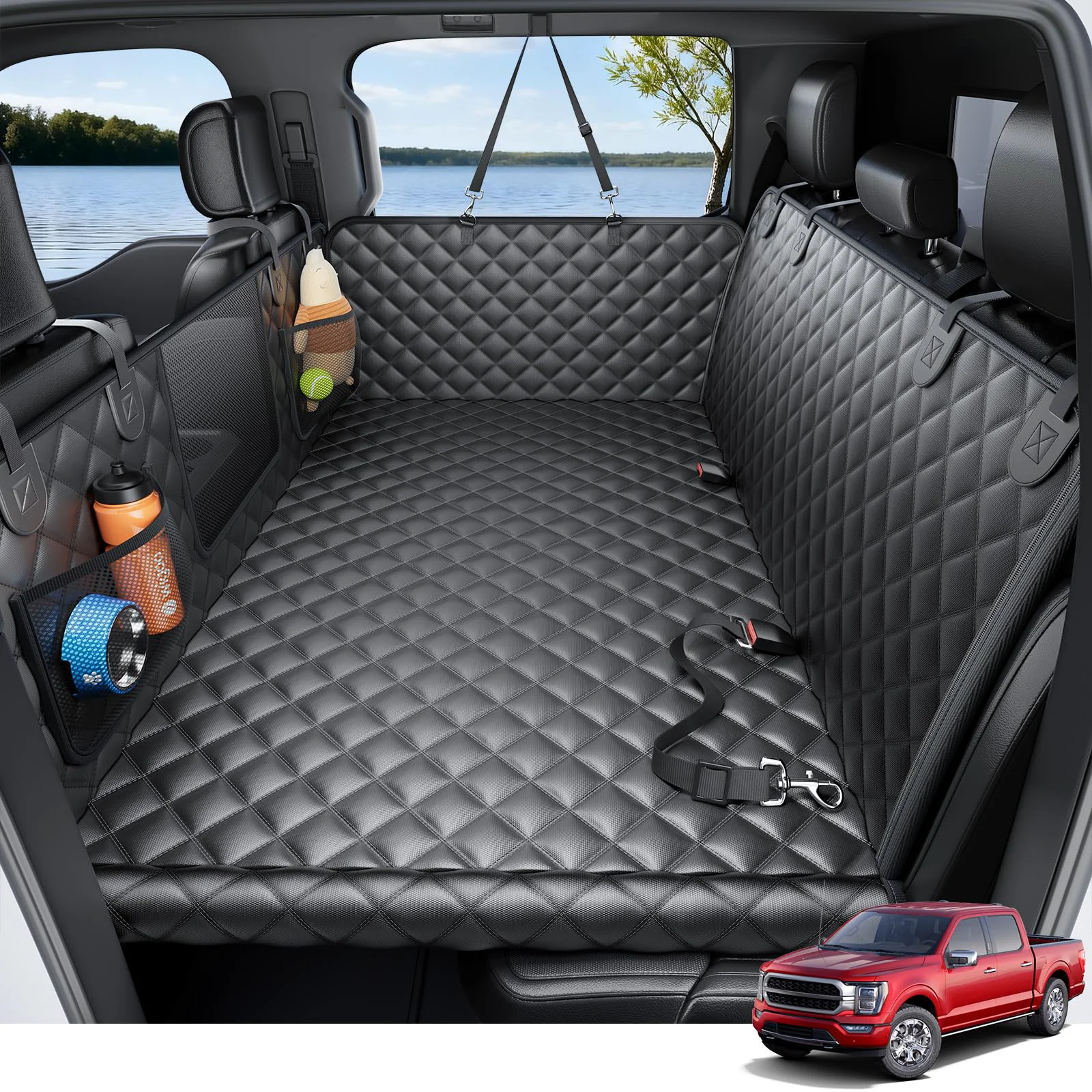 Secure Wigoo XL Dog Truck Seat Cover Hammock with Hard Bottom — Waterproof 450lb Consistent