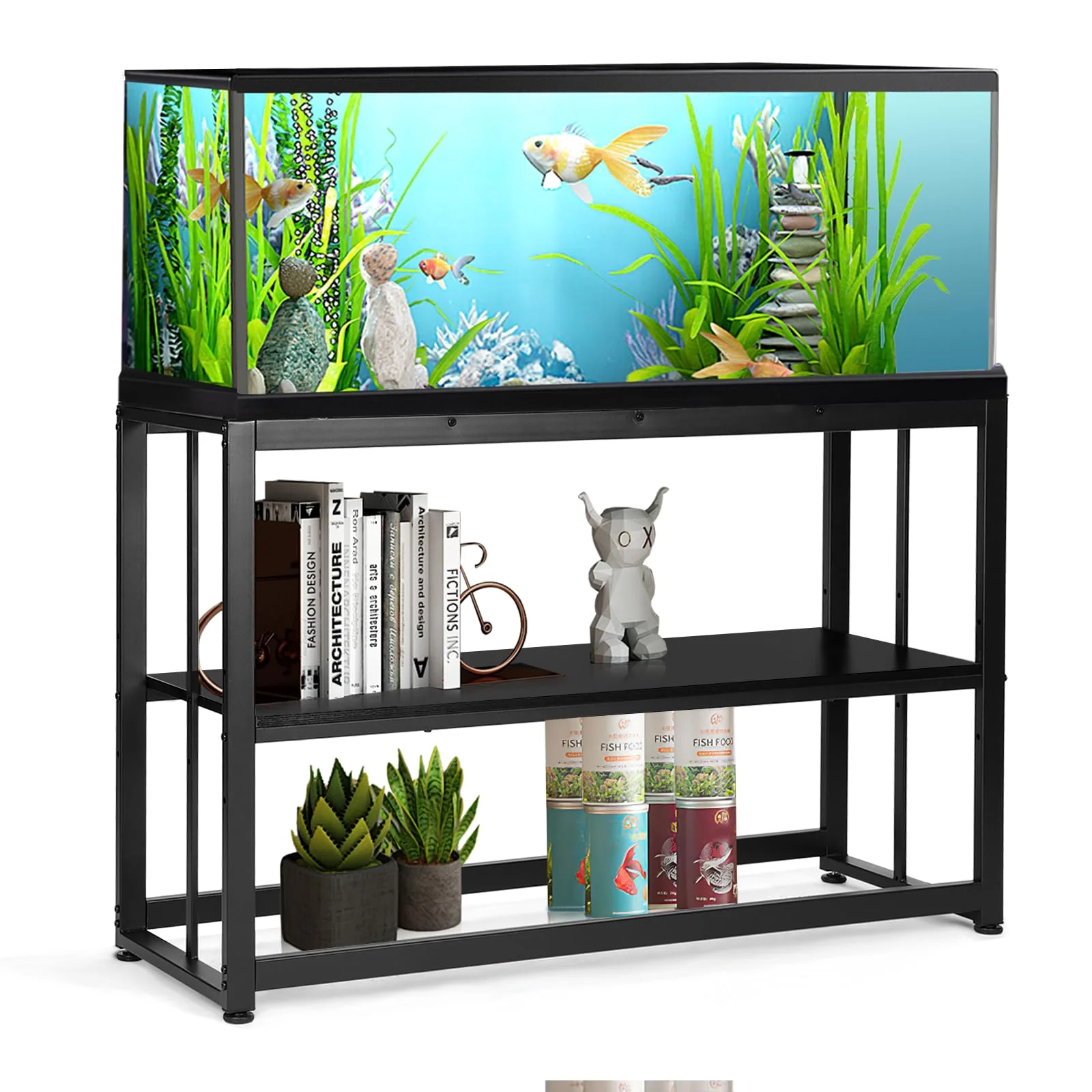 Recyclable VOWNER 55-75 Gallon Fish Tank Stand — Heavy-Duty Steel Aquarium Stand 48.4in x 14.9in x 29.5in Black World-Class