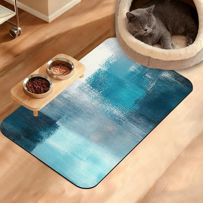 Official Pet Feeding Mat Art Painting Absorbent Dog Cat Food Mat Grey Blue Dog Mat Smart