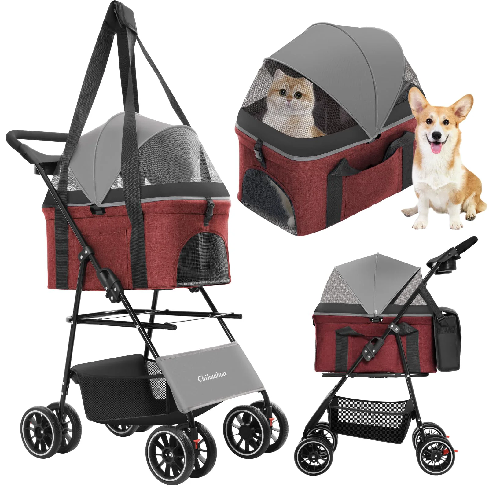 Natural Chihuahua 2-in-1 Foldable Pet Stroller with Canopy - 4-Wheel Removable Carrier Grey Red Smart