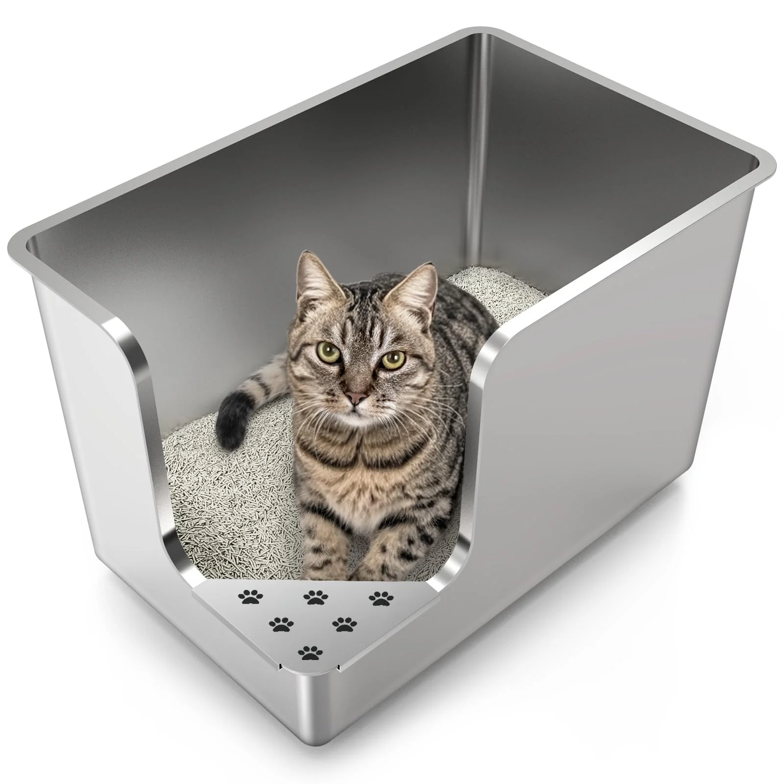 Clean PTFFF Stainless Steel Litter Box XL 14.5 High-Side with Corner Entry Wheels Modern