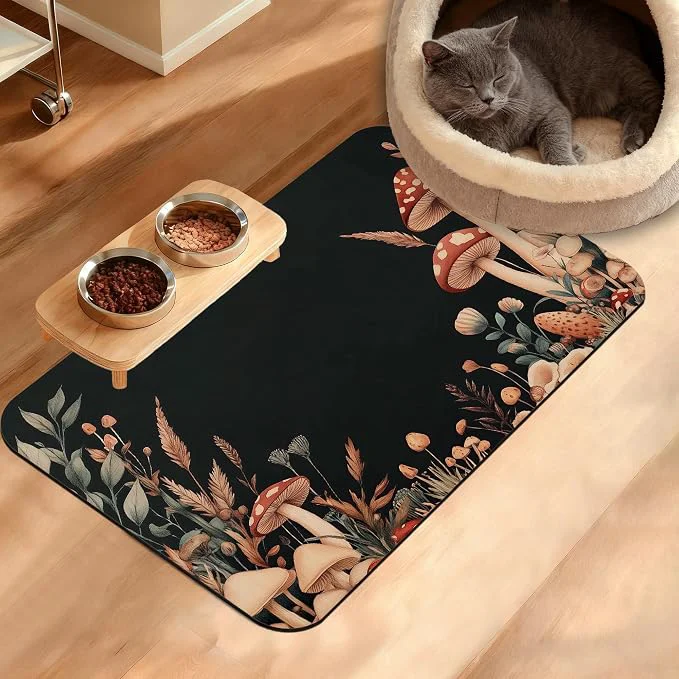 World-Class Vintage Mushroom Dog Food Mat Leaf Absorbent Pet Feeding Mat Reusable