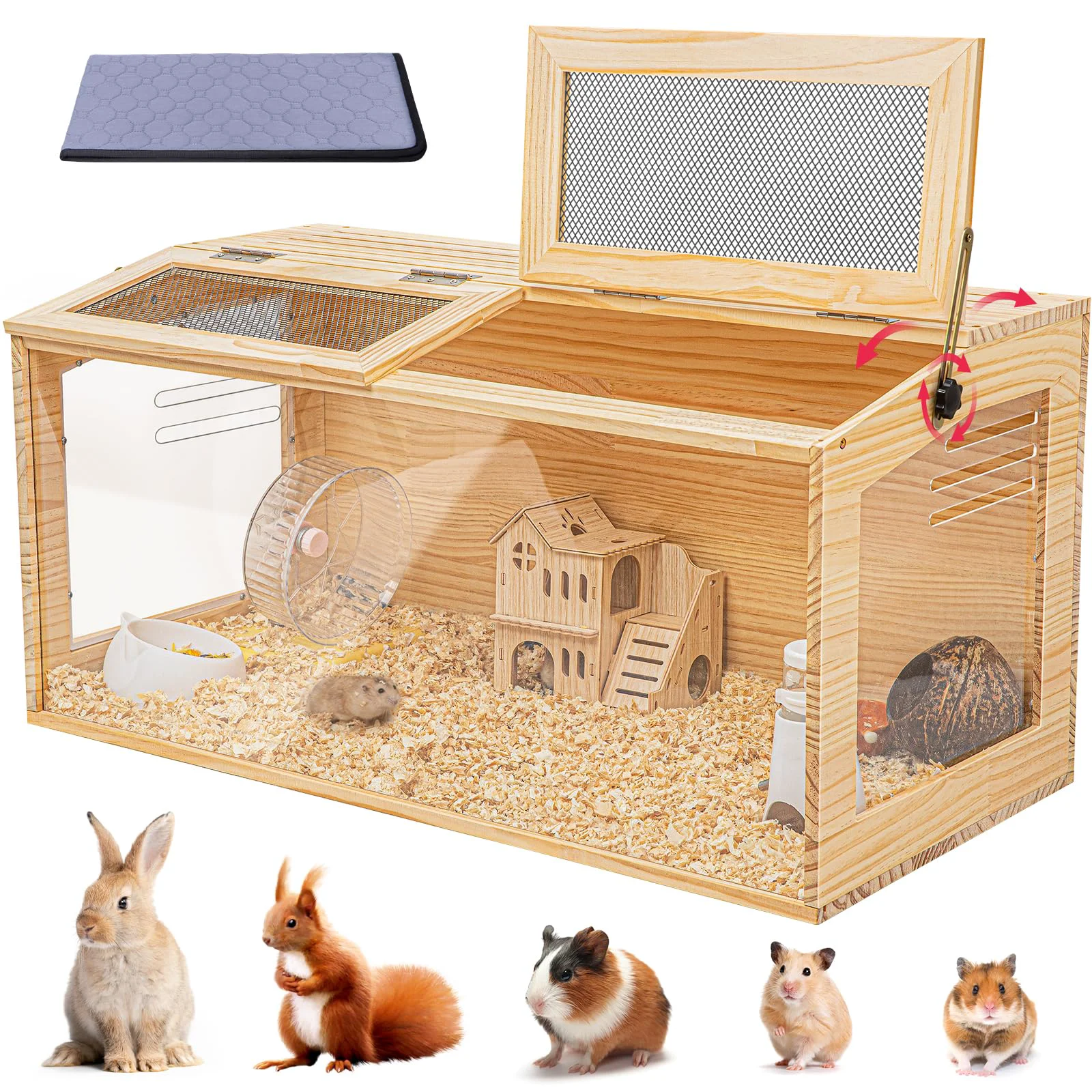 Artisan AronYada Hamster Cage 40in Wooden Chewproof Habitat – 270-degree View Top Dual Access Doors Fast