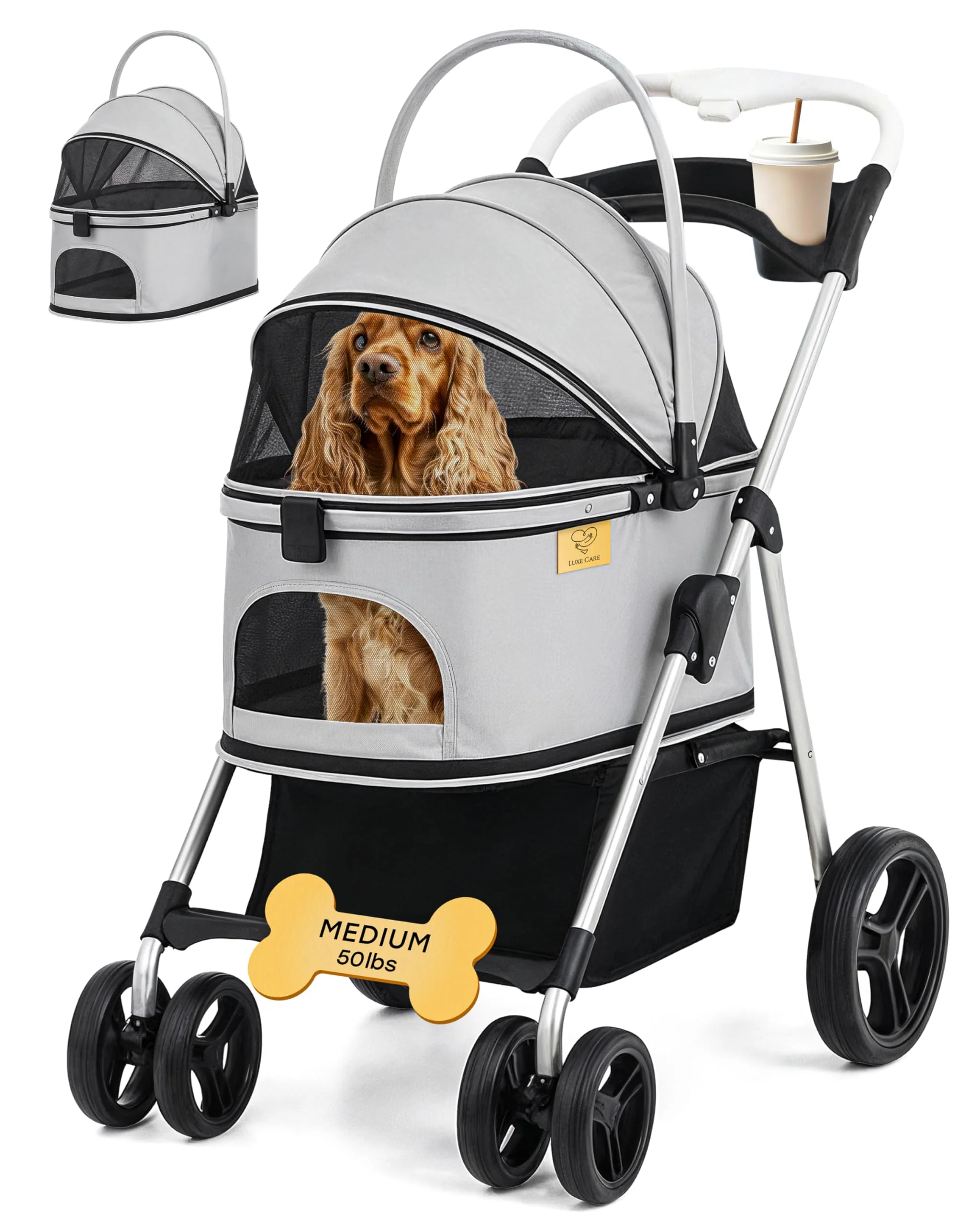 Clean LUXE CARES 4 Wheel Foldable Pet Stroller – Up to 50 lbs Mesh Canopy Cup Holder Environmentally Friendly