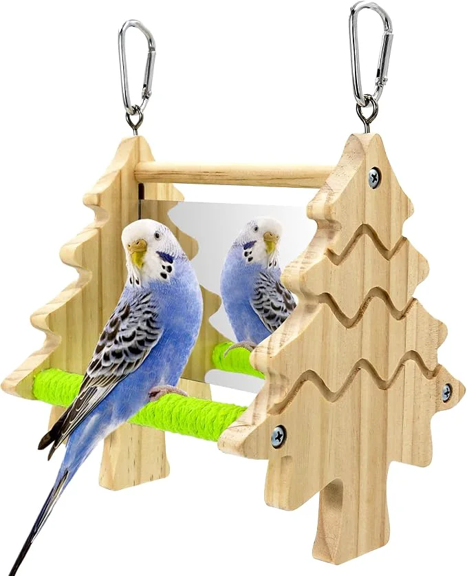 Traditional Bird Mirror Toy Perch 2-Sided Hd Parakeet Mirrors 2 Cotton-Wrapped Perches Official