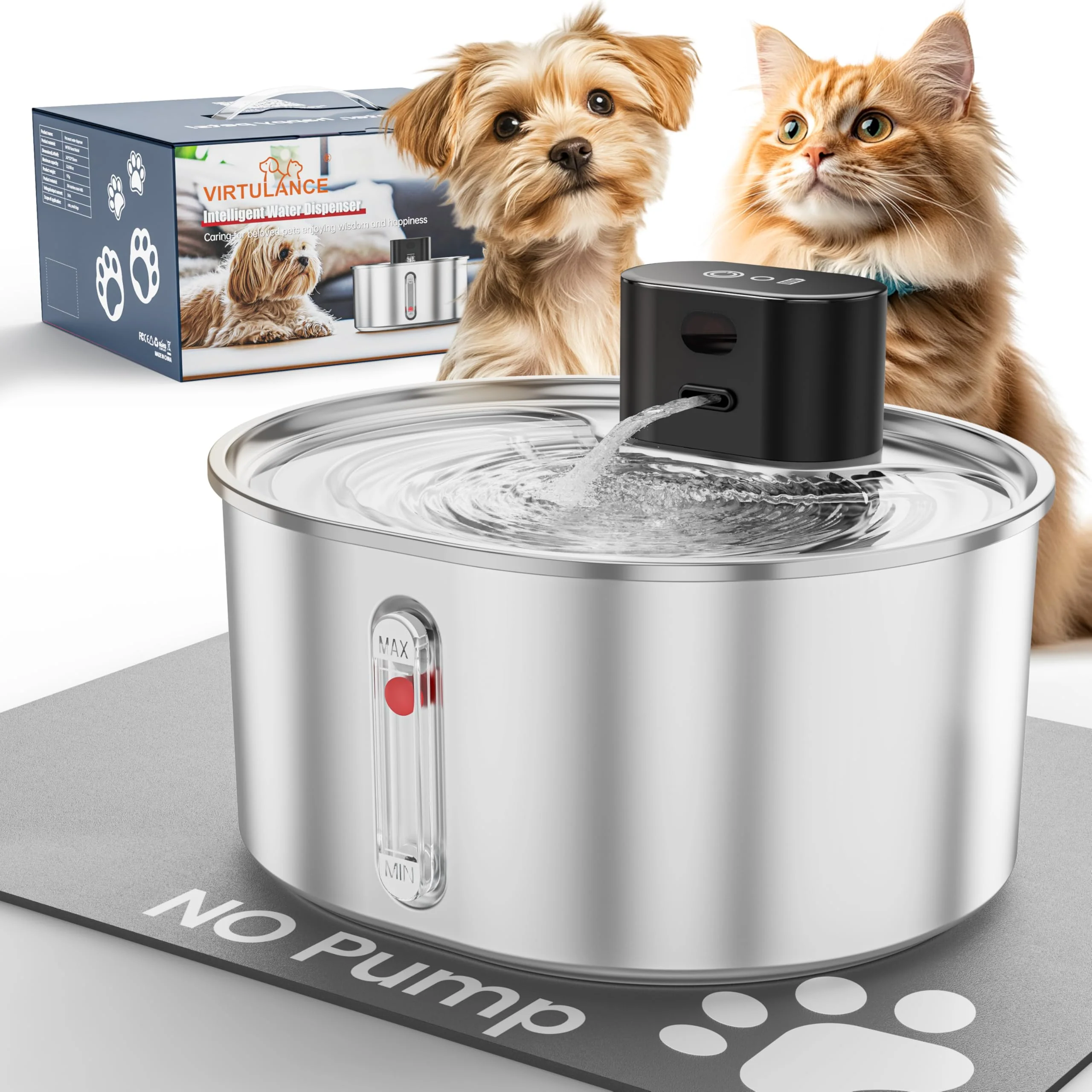 Elegant Virtulance No-Pump Cat Water Fountain 3-Filter 3.2L Wireless Stainless Steel Powerful