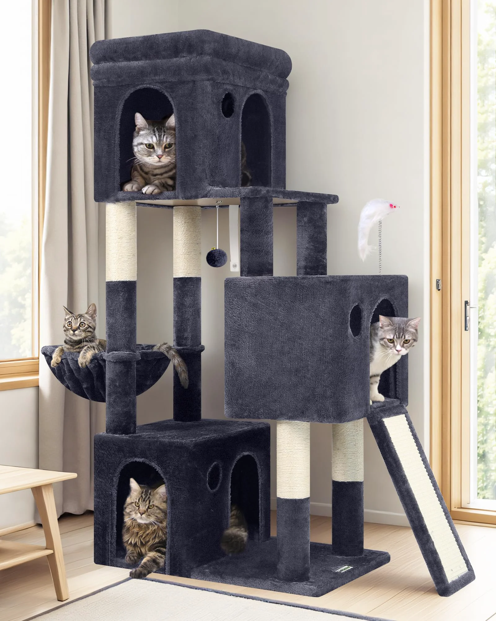 Secure Globlazer 52-Inch Cat Tower for Multiple Indoor Cats — 3 Condos Heavy-Duty Cat Tree Advanced