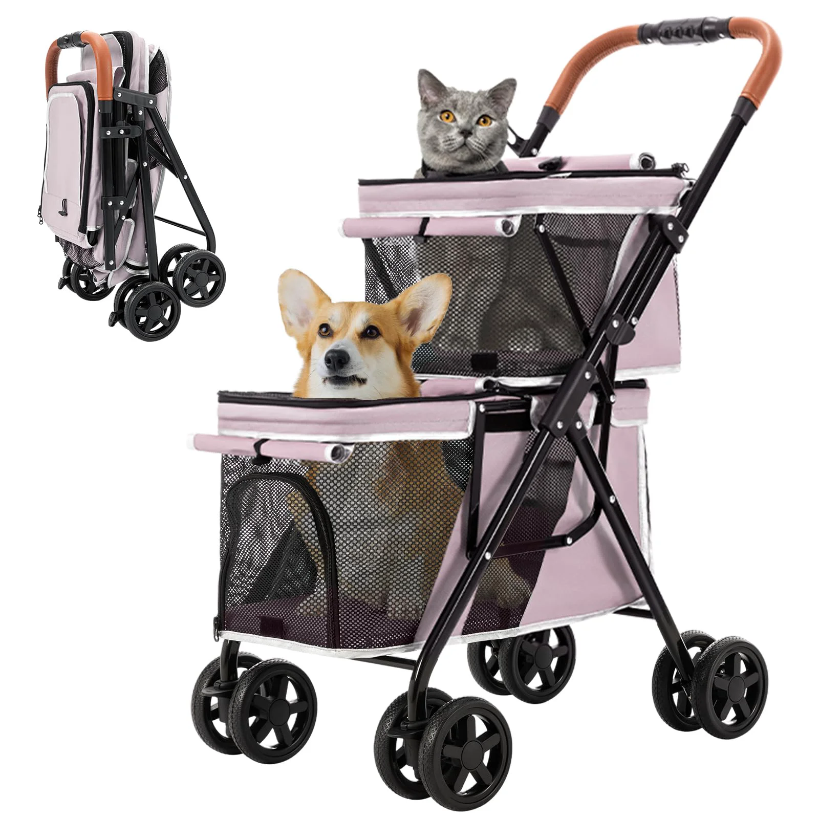 High-Performance LPOTIUS Double Pet Stroller for Dogs and Cats — Pink One-Hand Fold 4 Wheels Relaxed