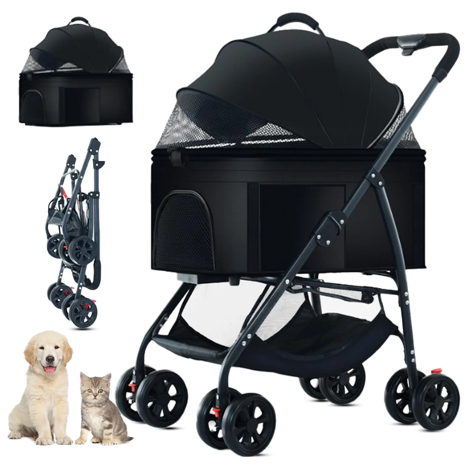 Practical ZHUOKECE 3-in-1 Pet Stroller with Removable Carrier — Up to 44 lbs Black Fine