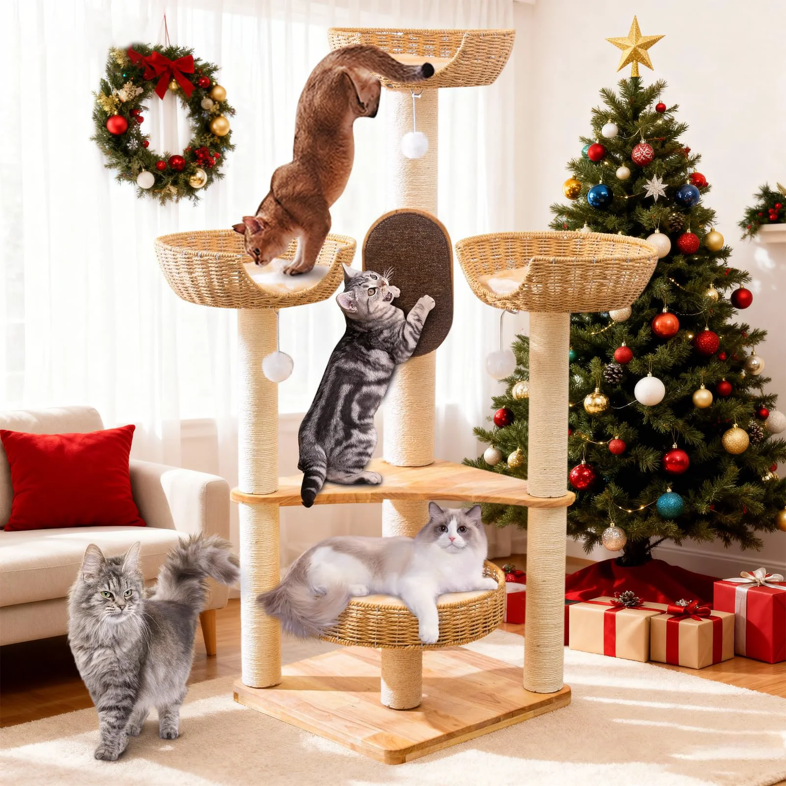 Solid SHODMI Large Cat Tree Wood — Modern Multi-Cat Tower with Scratching Posts Handwoven Condos Trendy