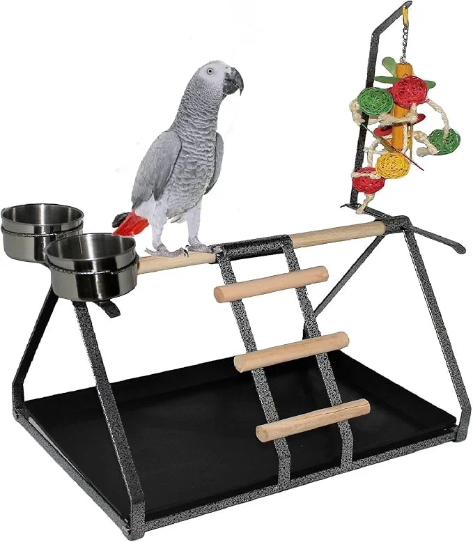 Responsible Parrot Bird Perch Table Top Stand Metal Wood 2 Steel Cups Play Exceptional