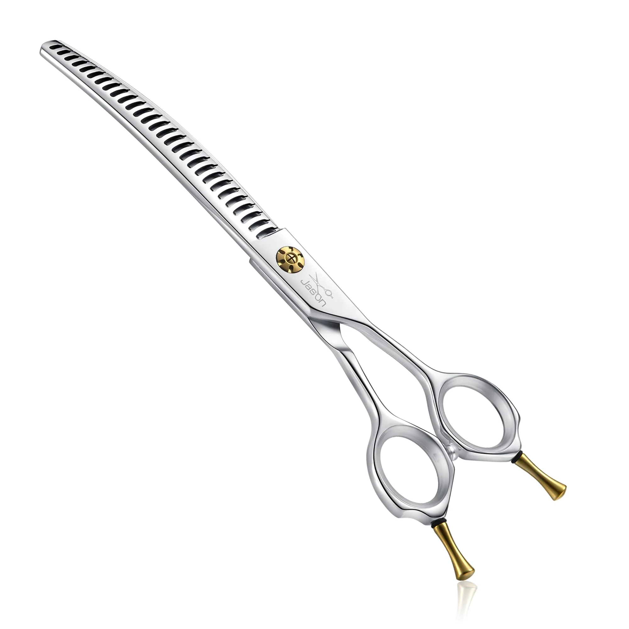 Luxury JASON 7-Inch Dog Grooming Shears - 28-Teeth Down-Curved Chunker 60-65 Thinning 440C Stainless Adjustable Screw Trusted