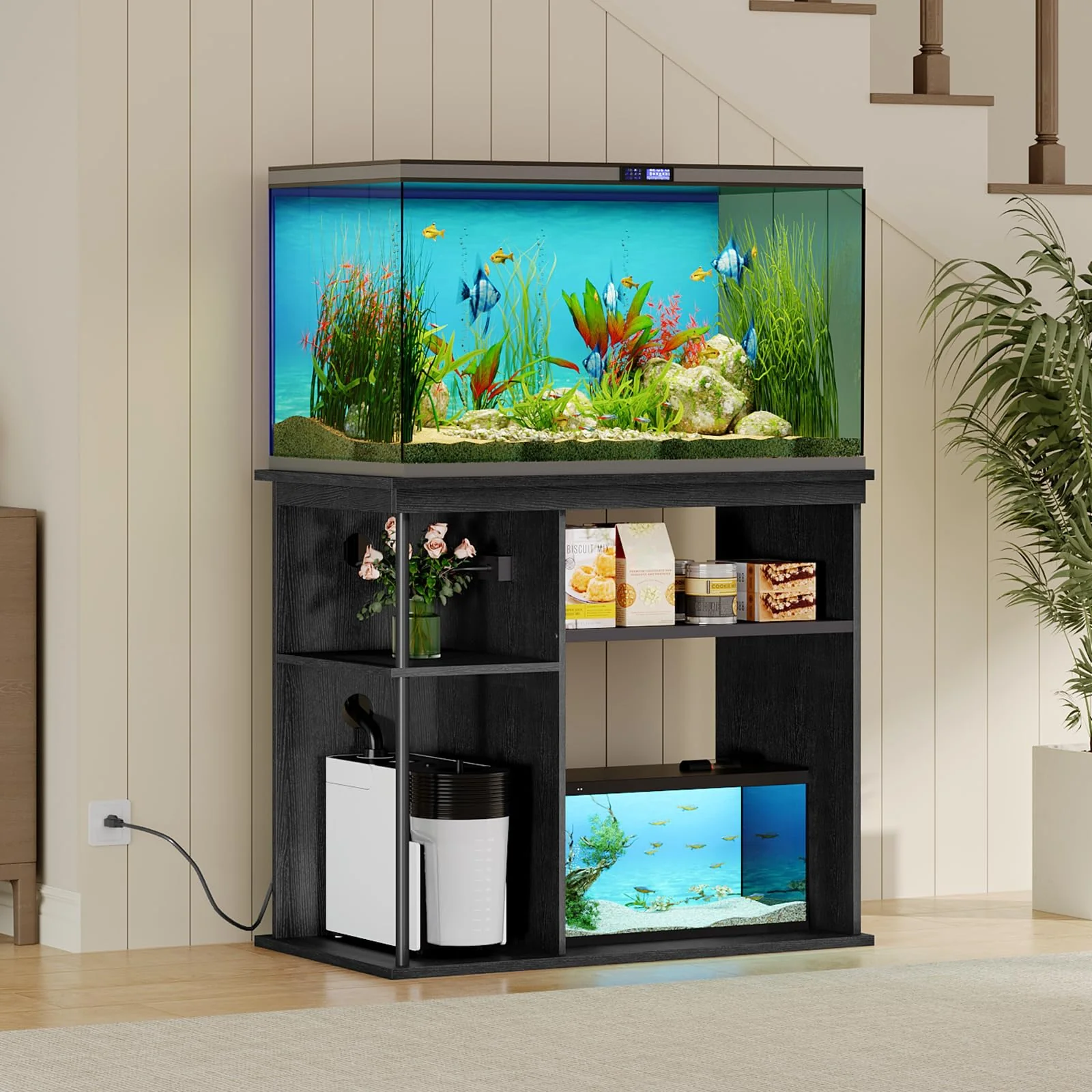 Powerful MAHANCRIS 40-50 Gallon Aquarium Stand with Power Outlet – Heavy-Duty 3-Tier Storage Black Excellent
