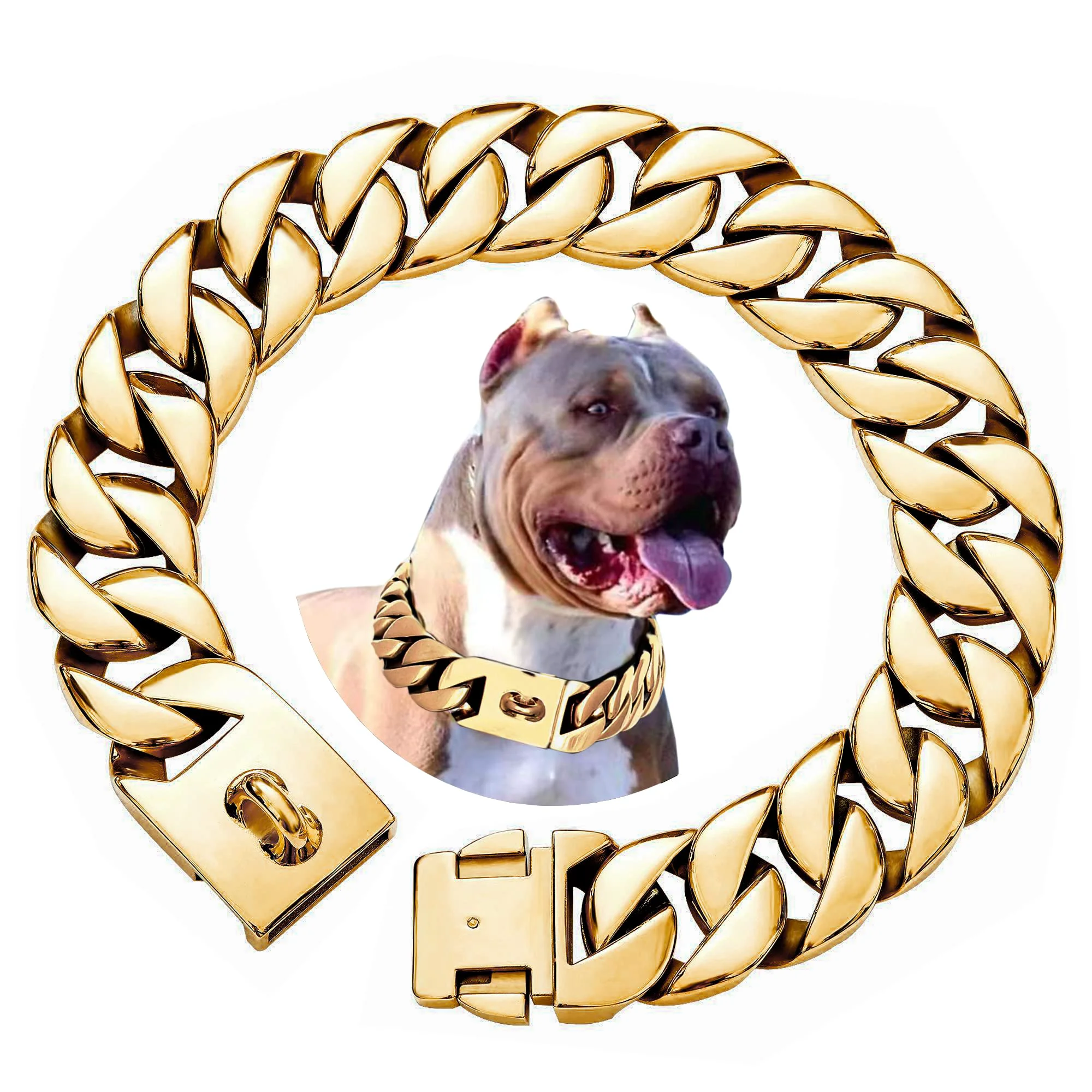 Exceptional txprodogchains Big Dog Chain Collar – 32mm Wide 18K Gold Cuban Link for Large Dogs Heavy-Duty Stainless Steel Modern