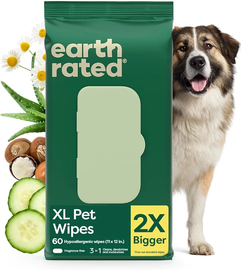 Excellent Earth Rated XL Pet Wipes for Dogs Cats Unscented Hypoallergenic 60 Ct Efficient