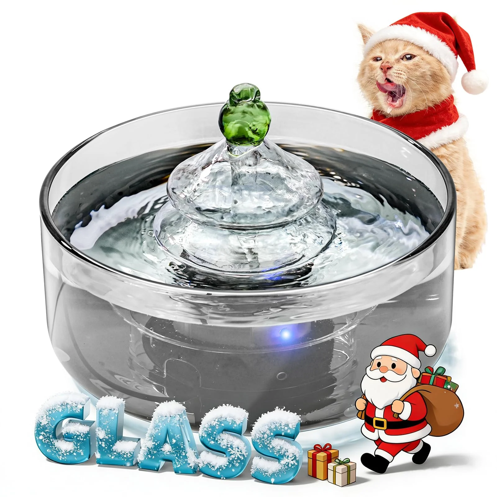 Green DCIOGAT All-Glass Cat Water Fountain 3.2L 108oz with LED Light – Glass Pet Fountain for Cats Grey Detailed
