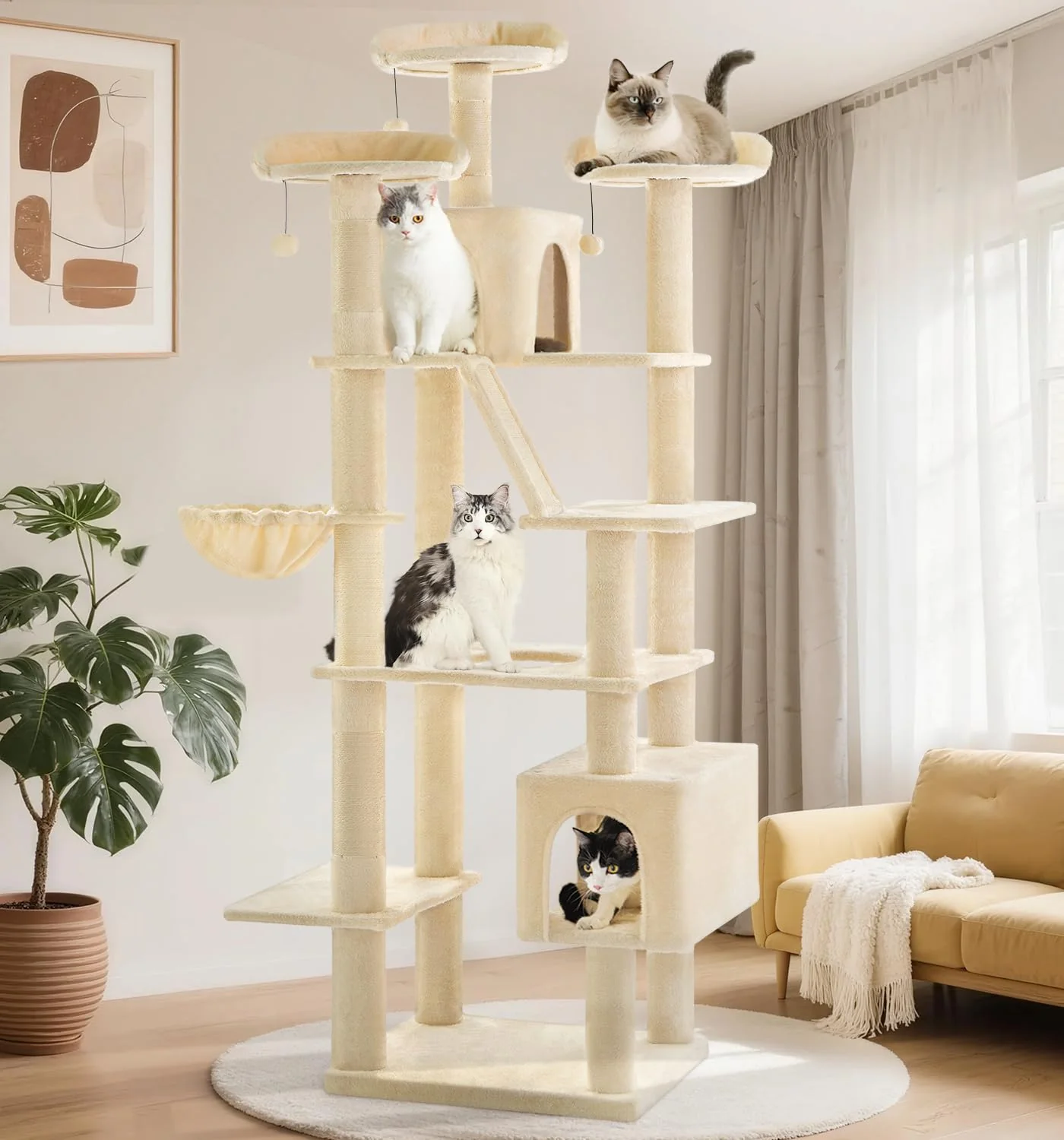 Versatile MADE 4 PETS Made4Pets Tall Cat Tree — 80-Inch Indoor Cat Tower with 3 Perches 2 Condos Hammock and Sisal Scratching Posts Beige Durable