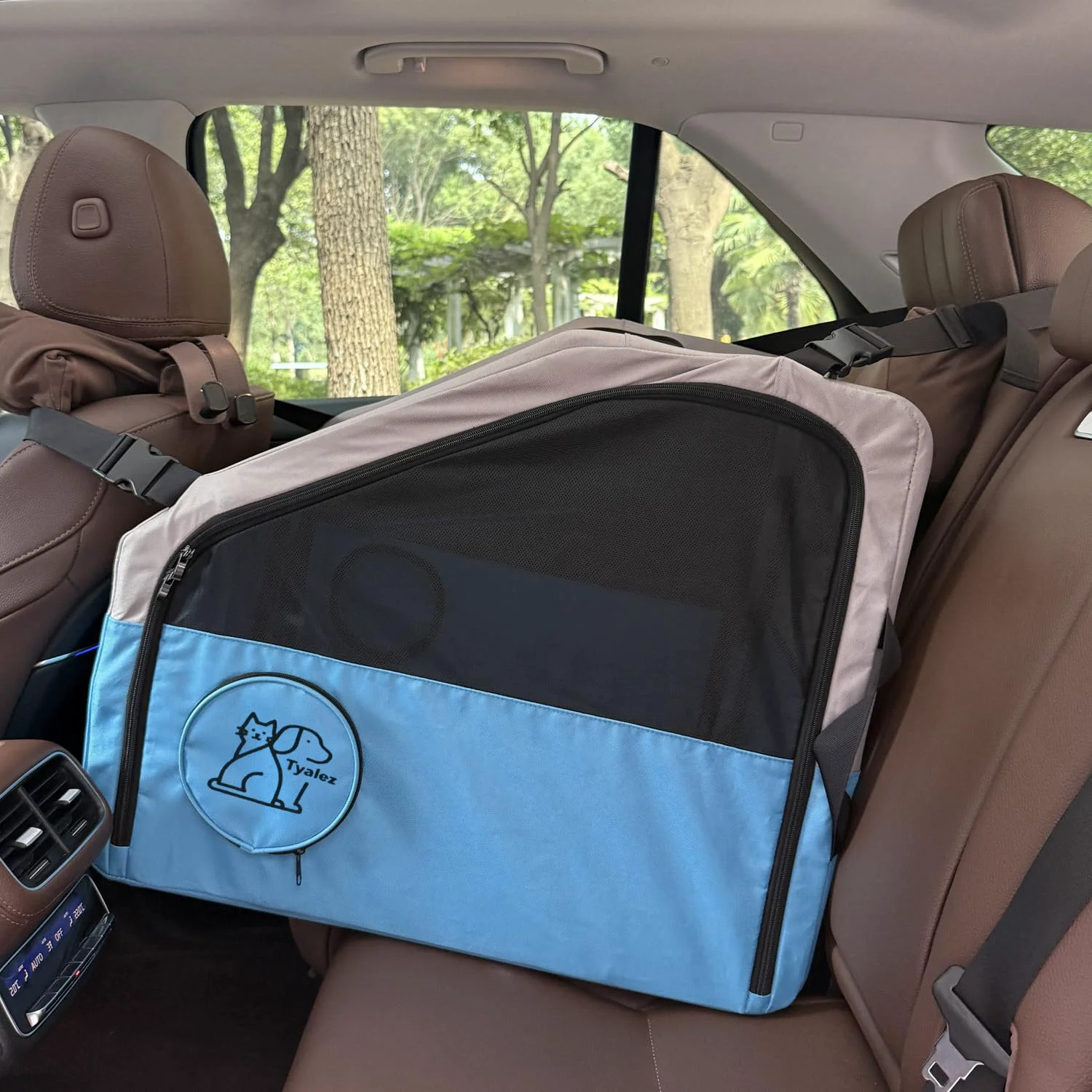 Safe Tyalez Large Portable Pet Crate for Car Travel — 24x22x25 Foldable Carrier with Seatbelt Headrest Straps Prestigious