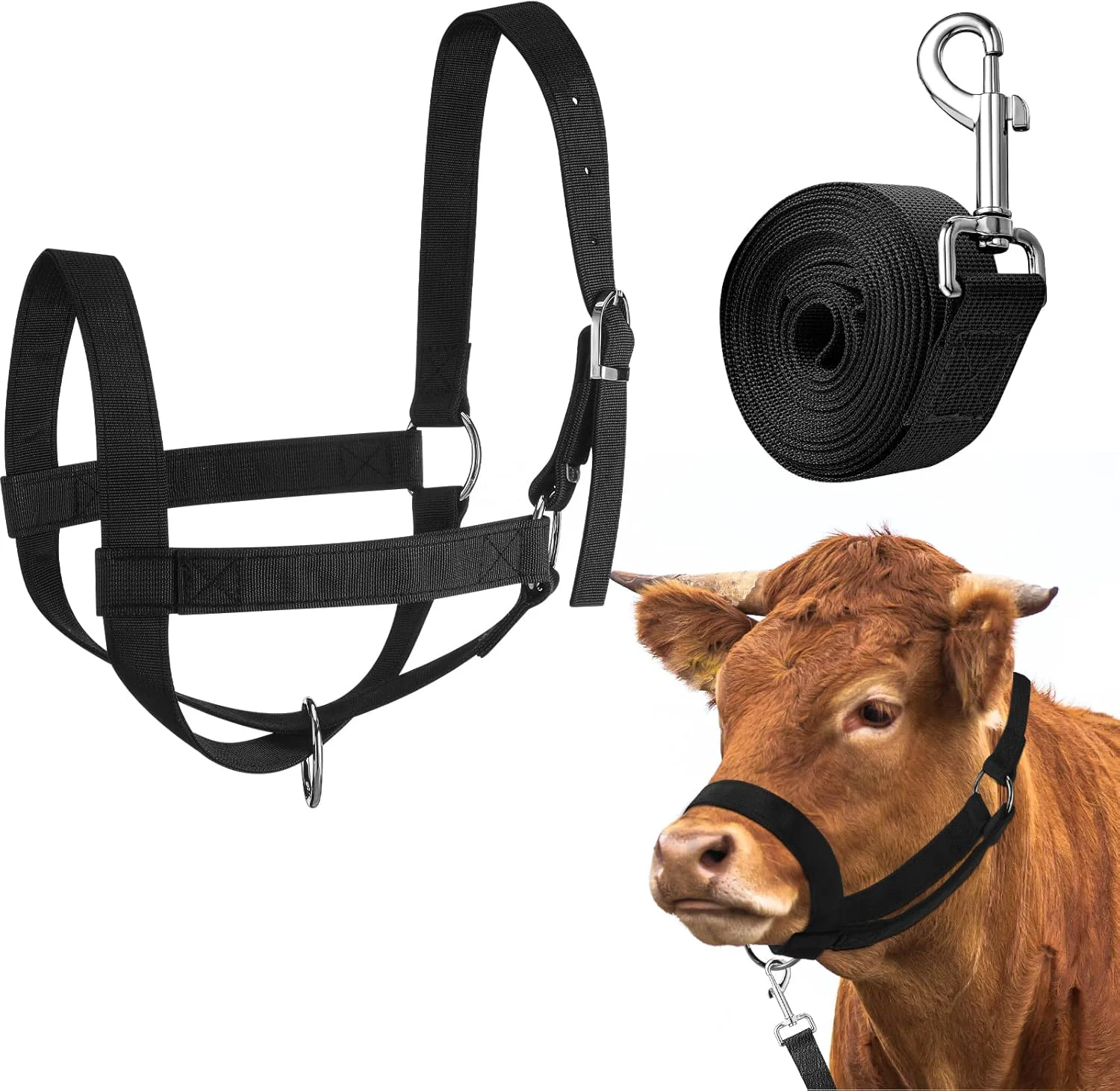 Proven Hillban Cow Halter Cattle Halters Adjustable Calf Halter with Leading Rope for Miniature Horse Donkey Goat Foal Nylon Cattle Training Supplies Pure