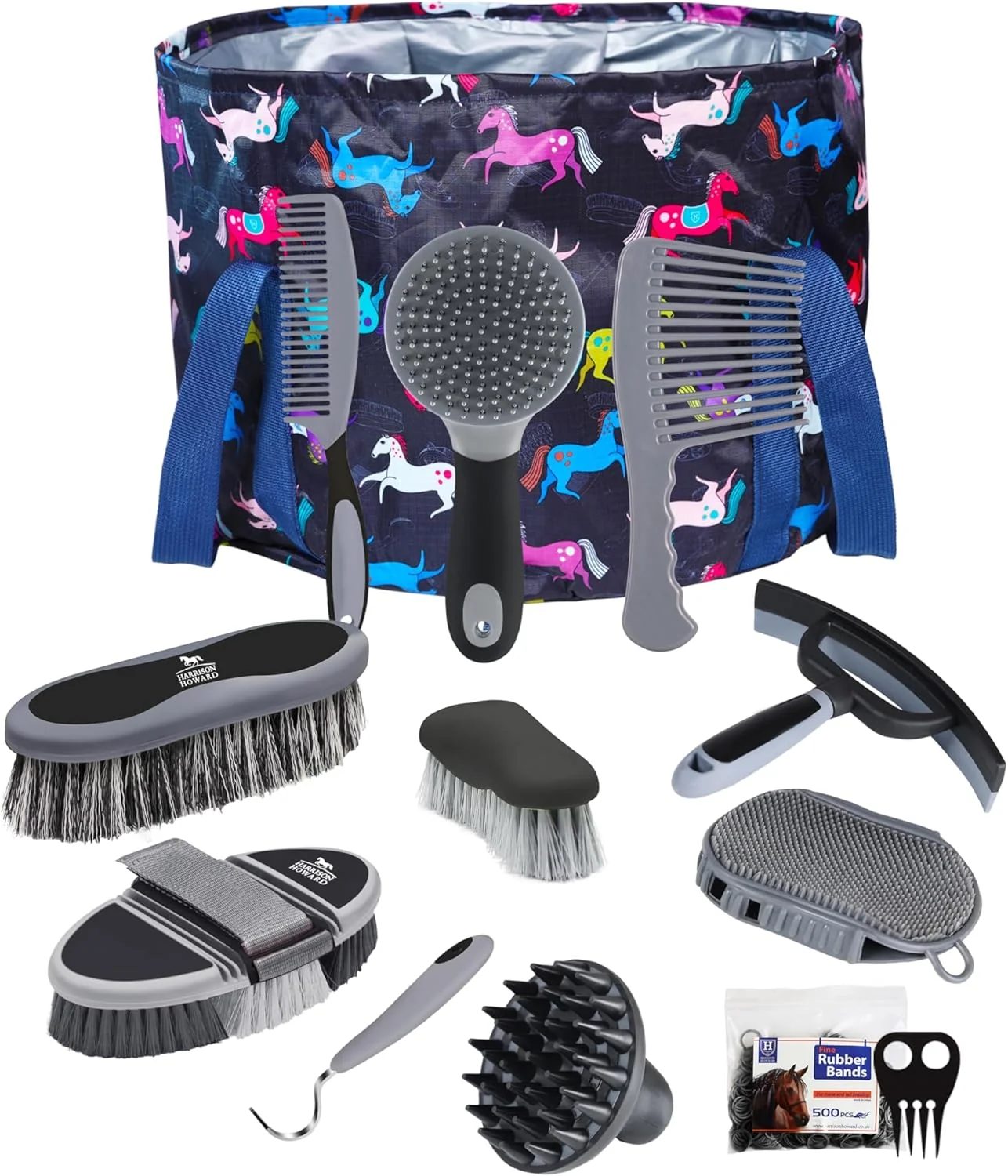 Carefully Designed Harrison Howard Horse Grooming Kit 11-Piece Equine Care Series Horse Brush Sets with Organizer Tote Bag Tack Room Supplies Shedding Grooming Massaging Tools Black Brushstroke Ponies Soft