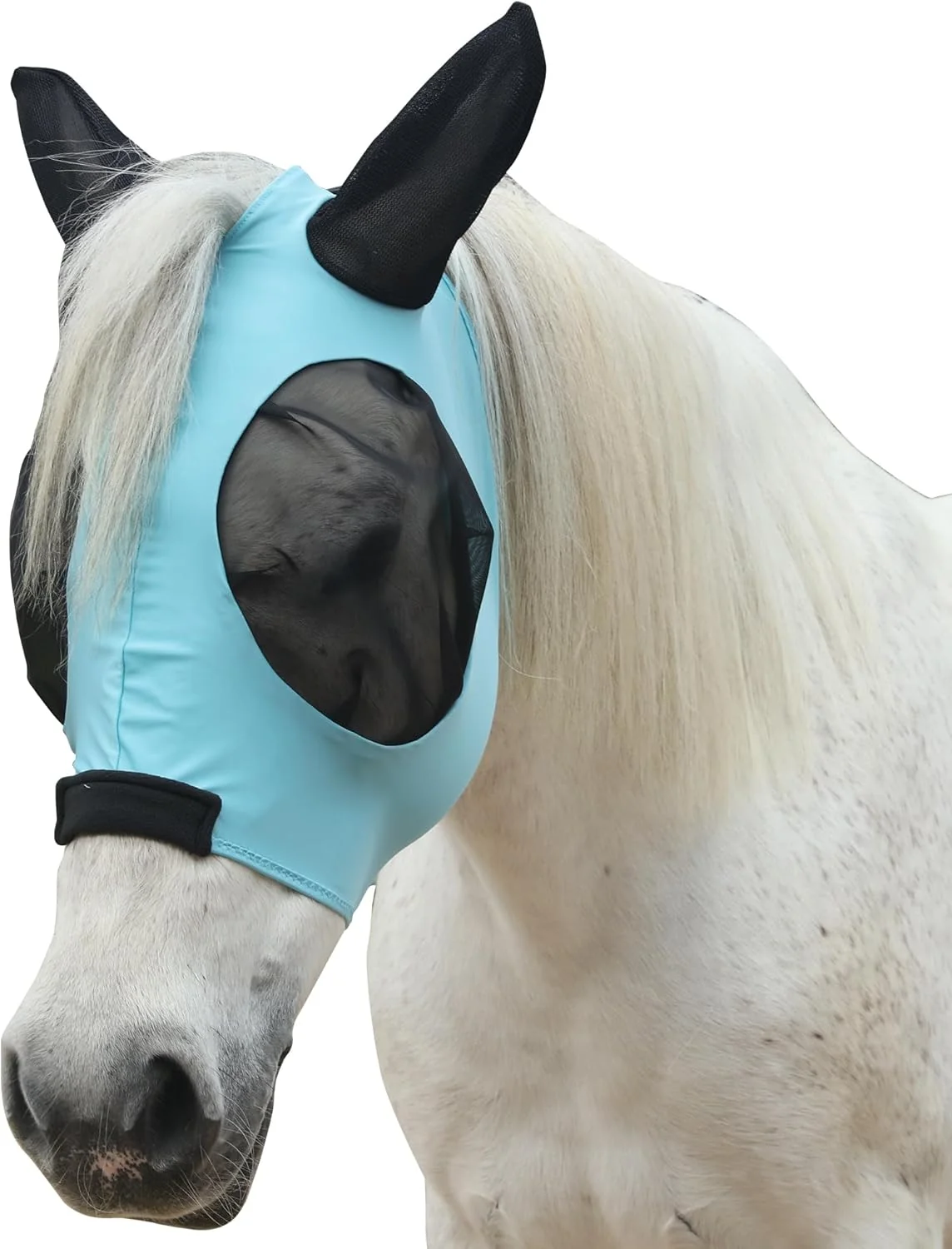 Stylish Horse Fly Mask with Ears - Large Eye Space for Full Vision Breathable Stretch Comfort Fit UV Protection Forelock Opening Easy Pull-On Paleblue Pony Modern