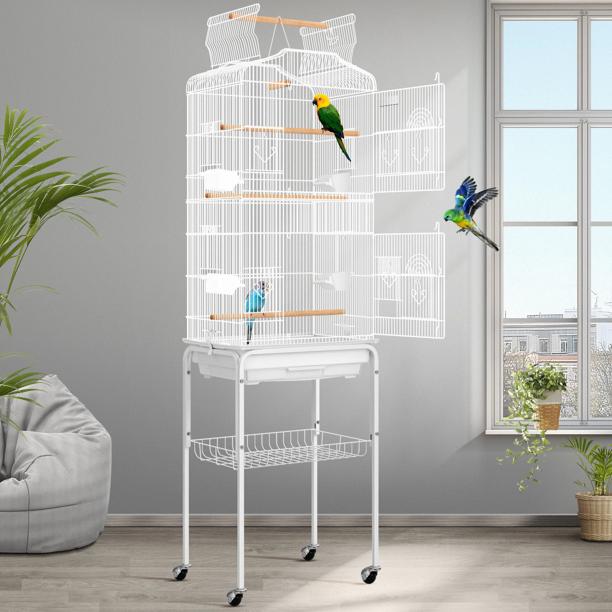 Green VIVOHOME 64-Inch Bird Cage with Play Top Rolling Stand for Parrots Small Birds White High-Performance