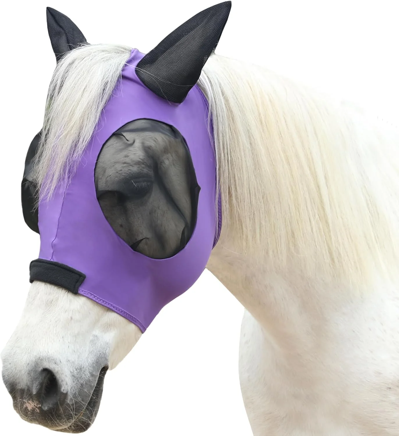 Convenient Horse Fly Mask with Ears - Large Eye Space for Full Vision Breathable Stretch Comfort Fit UV Protection Forelock Opening Easy Pull-On Violet Cob Genuine