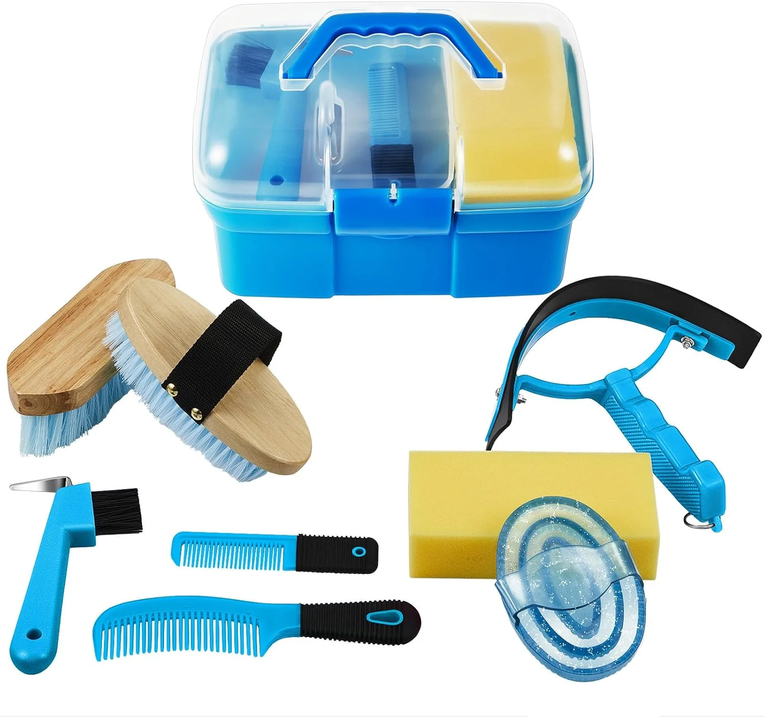 Convenient Cunhill 9 Pieces Horse Grooming Kit Tack Room Supplies Set with Organizer Tote Box Oval Massage Curry Hard and Soft Brush Hoof Pick Sweat Scraper Bathing Sponge Combs for Horse Riders Beginners Stylish