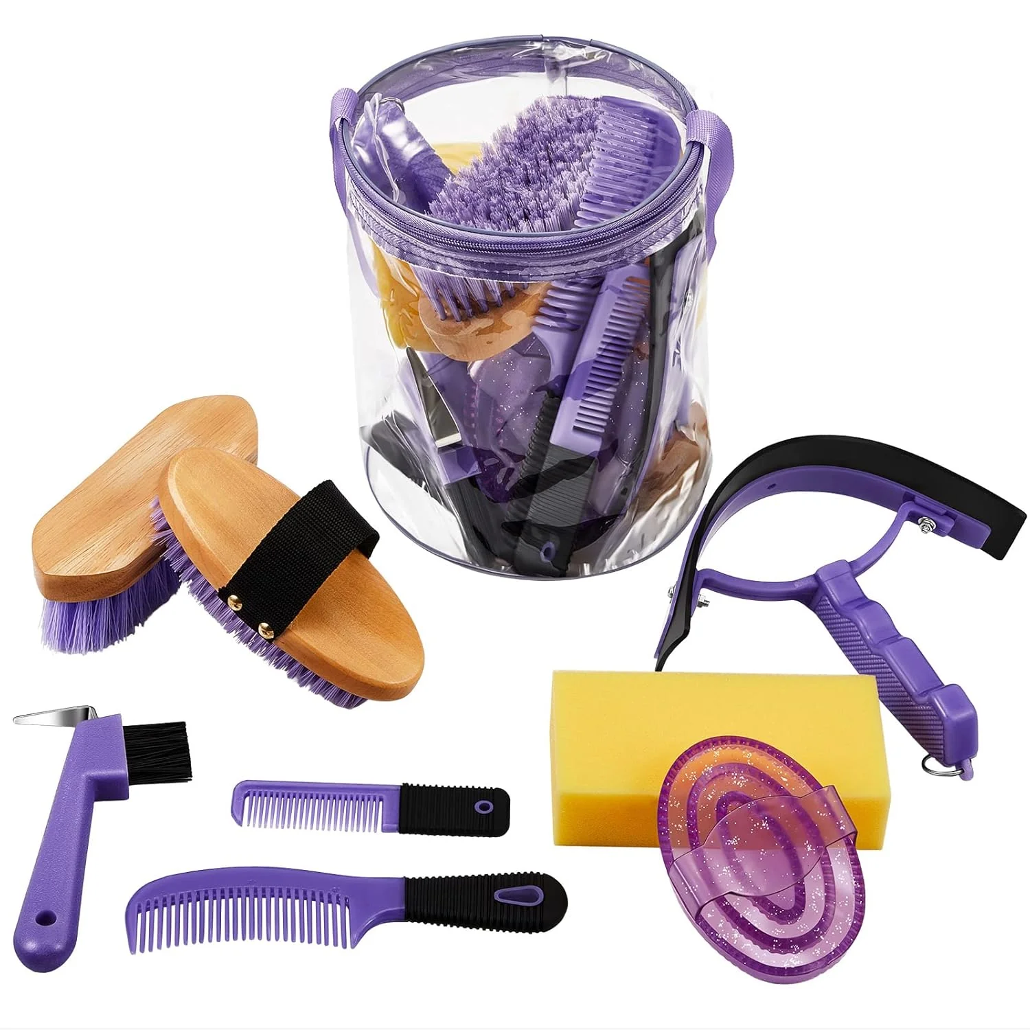 Smart 9 Pieces Horse Grooming Kit Tack Room Supplies Set with Organizer Tote Bag Oval Massage Curry Hard and Soft Brush Hoof Pick Sweat Scraper Bathing Sponge Combs for Horse Riders Beginners Purple Genuine