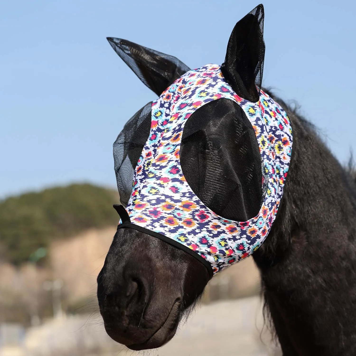Recyclable Harrison Howard Super Comfort Stretchy Fly Mask Large Eye Space with UV Protection Soft on Skin with Breathability Geo Feather XL Sophisticated