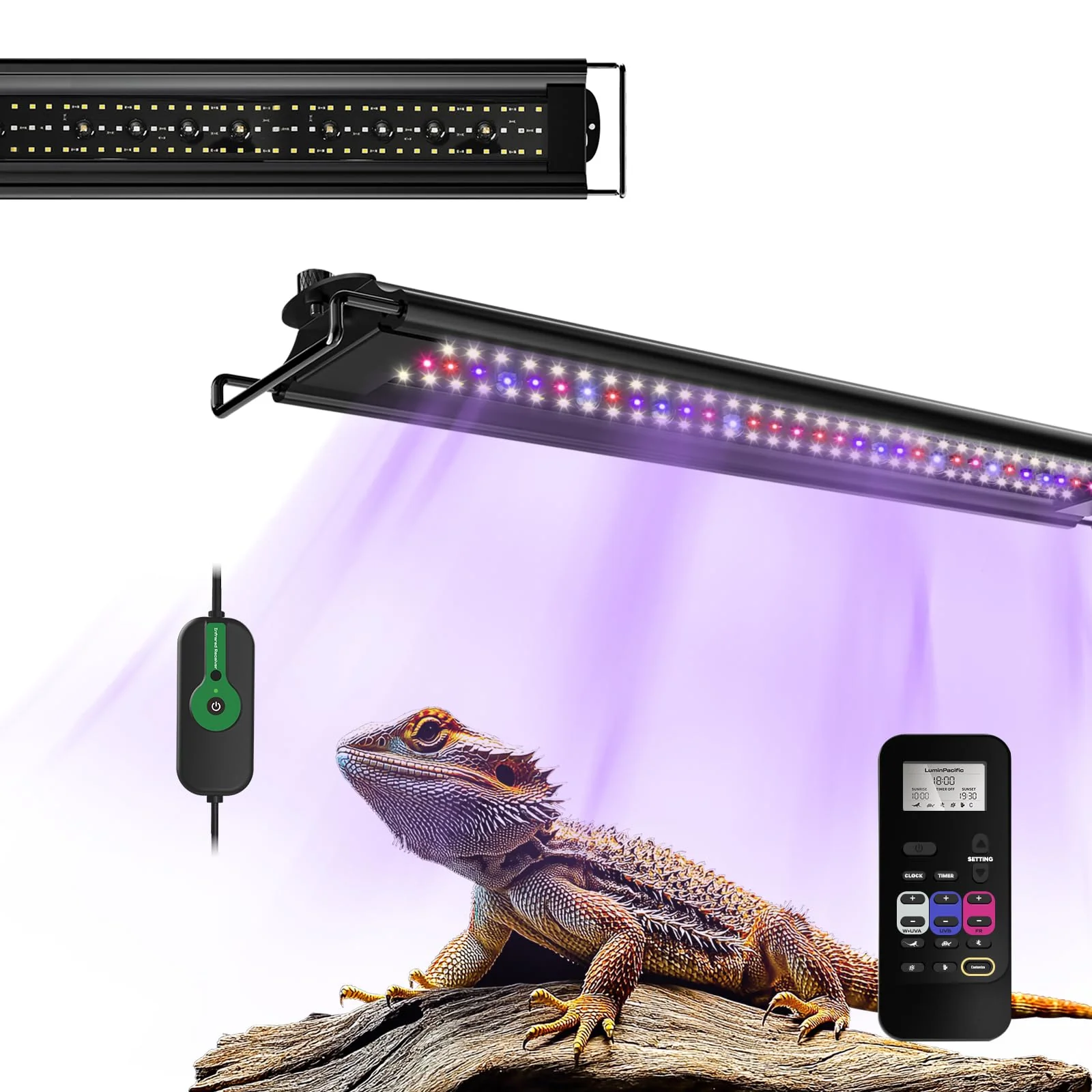 Casual LuminPacific 20W UVB Reptile Light – Dimmable UVB UVA FR Strip with LCD Remote 24 7 Timer Green