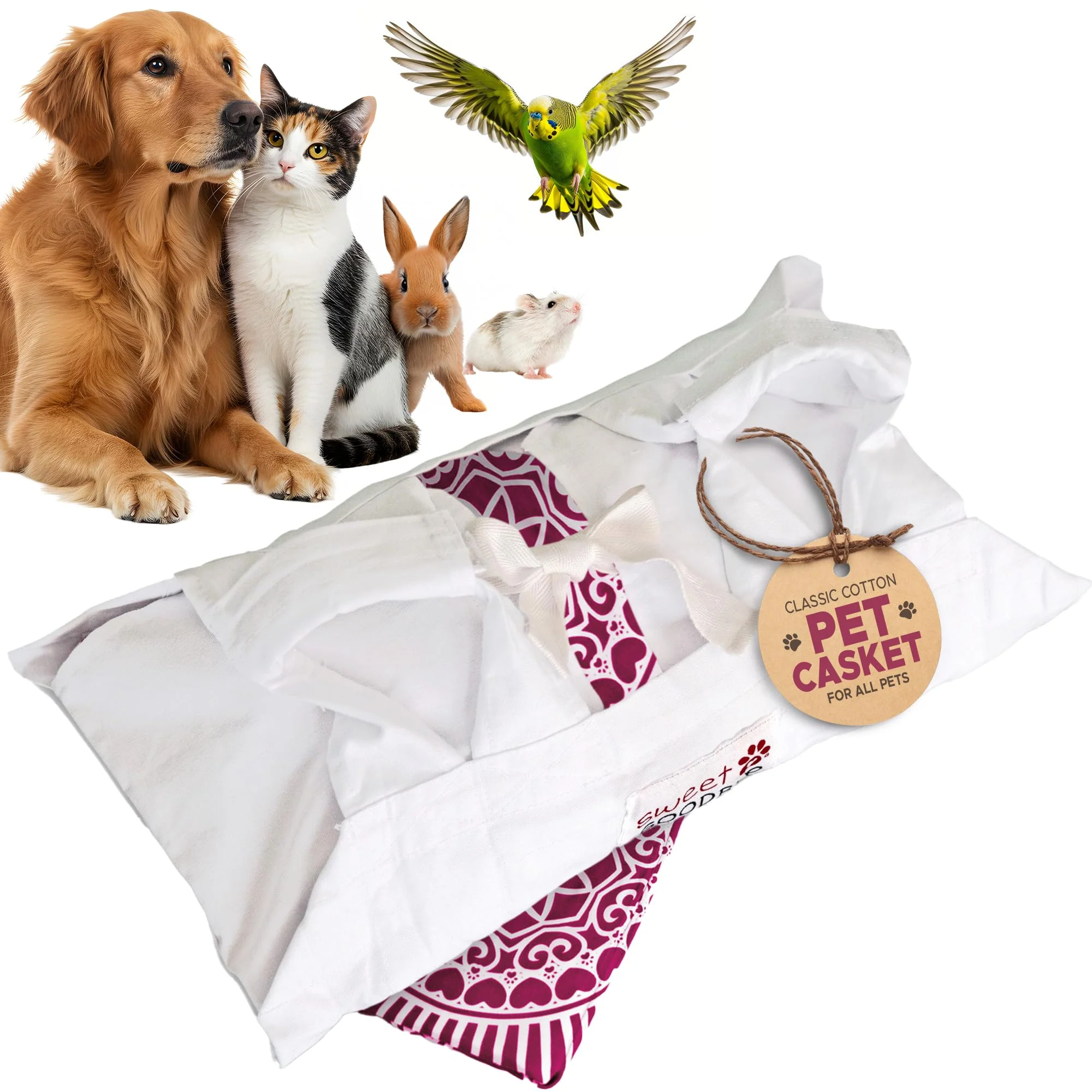 Healthy Sweet Goodbye Cocoon Classic Cotton Eco-Friendly Pet Burial Kit For All Pets Breeds XXS White Pink