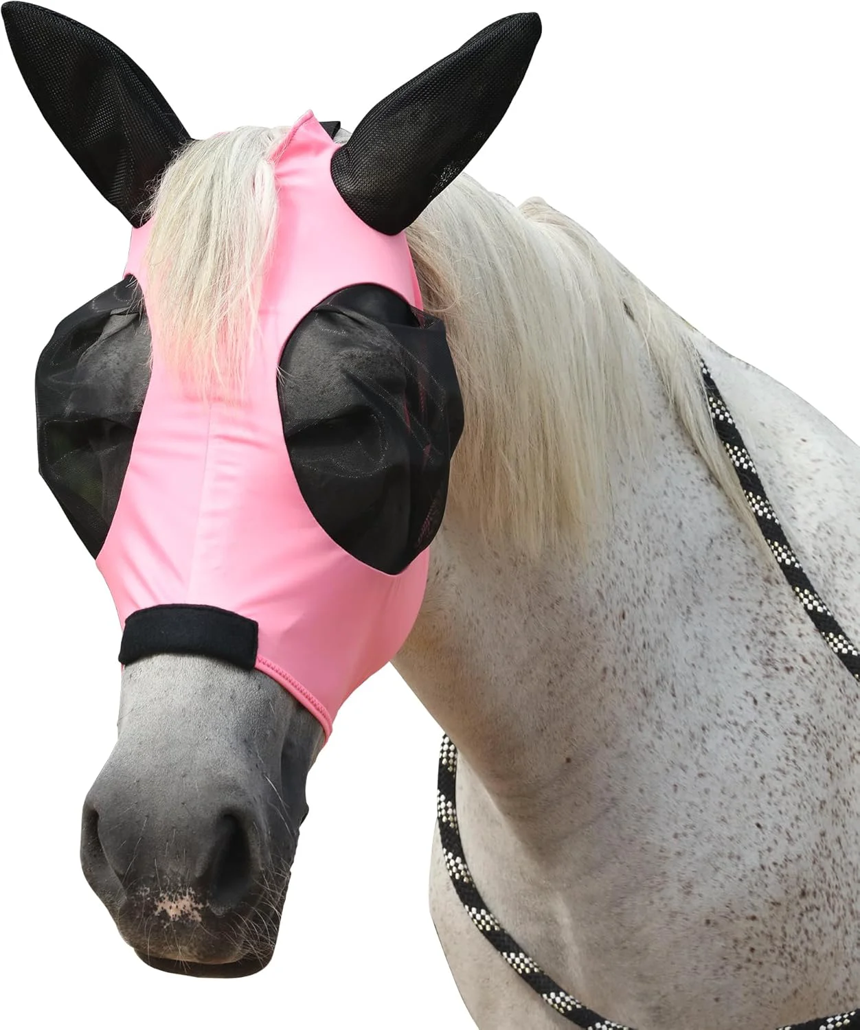 Stylish Horse Fly Mask with Ears - Large Eye Space for Full Vision Breathable Stretch Comfort Fit UV Protection Forelock Opening Easy Pull-On Pink Full Minimalist