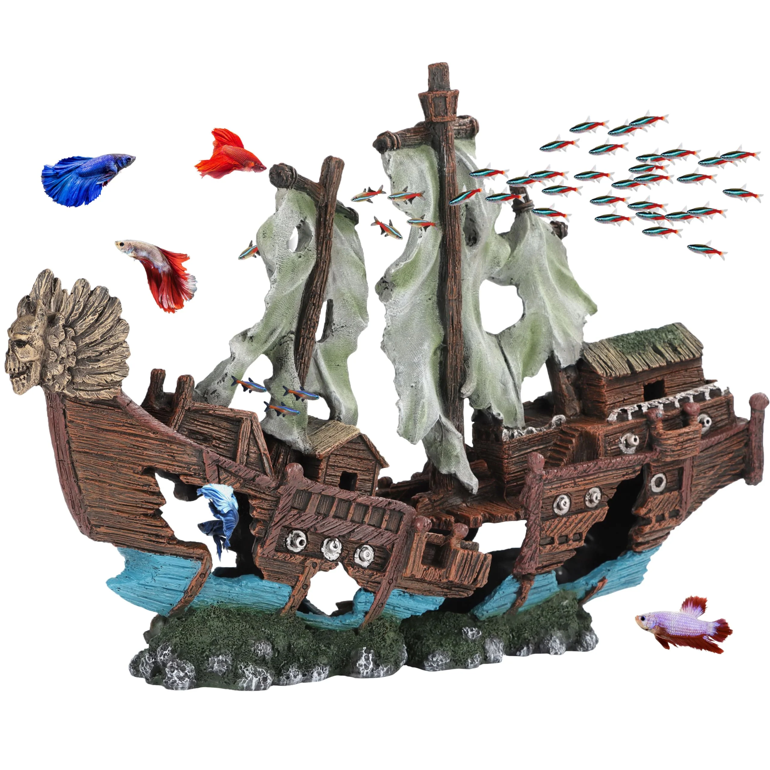 Minimalist UNEAK Large Shipwreck Aquarium Ornament - 2-Piece Sail Ship for 20 Gallon Tanks and Larger Specialty