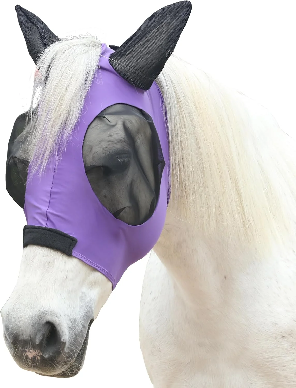 Versatile Horse Fly Mask with Ears - Large Eye Space for Full Vision Breathable Stretch Comfort Fit UV Protection Forelock Opening Easy Pull-On Violet Pony Optimized