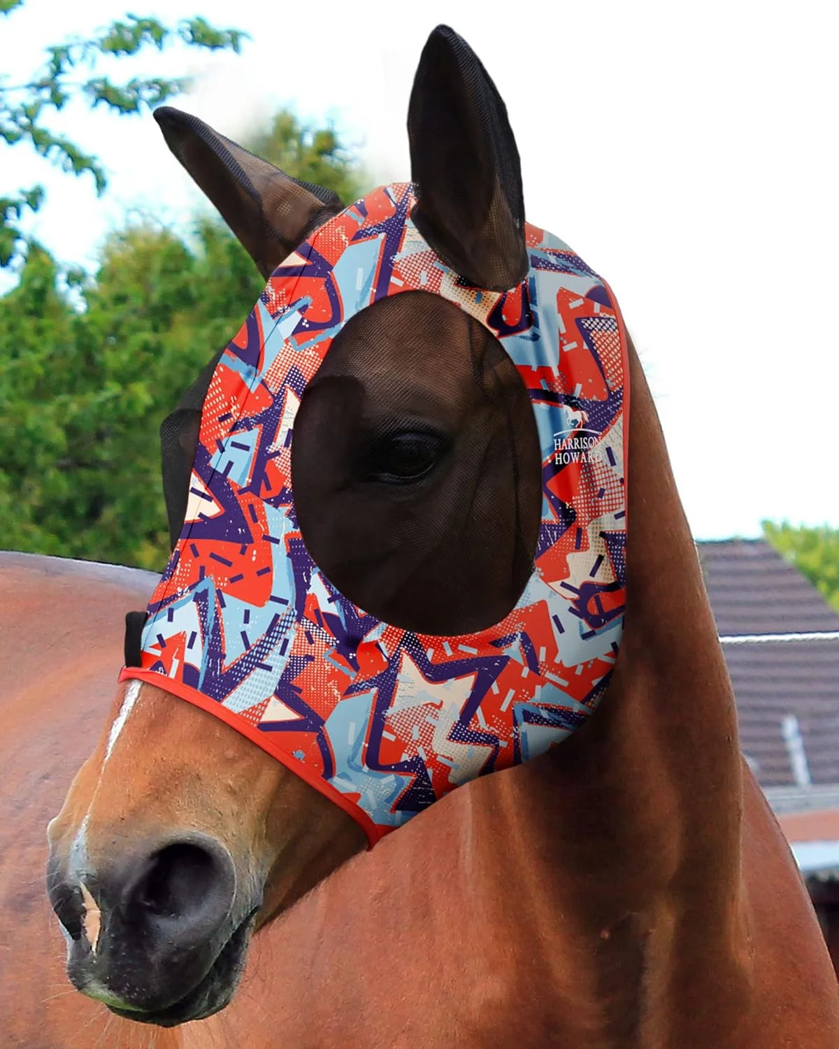 Functional Harrison Howard Super Comfort Stretchy Fly Mask Large Eye Space with UV Protection Soft on Skin with Breathability Orange Geo Print S Elite