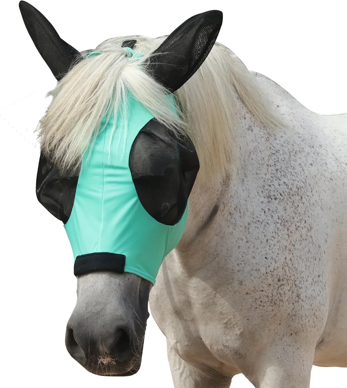 Traditional Horse Fly Mask with Ears - Large Eye Space for Full Vision Breathable Stretch Comfort Fit UV Protection Forelock Opening Easy Pull-On Green Cob High-End